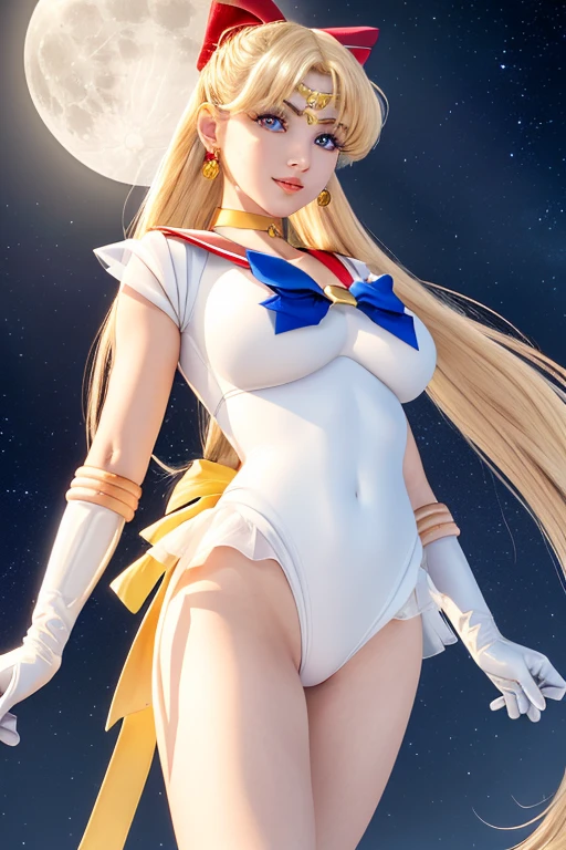 best quality, 4k, masterpiece, extremely detailed, High Detail, 1girl, solo, (sailor_moon:1.2), blonde, long twintails, white leotard, blushing, elbow gloves, qhite stockings, cameltoe