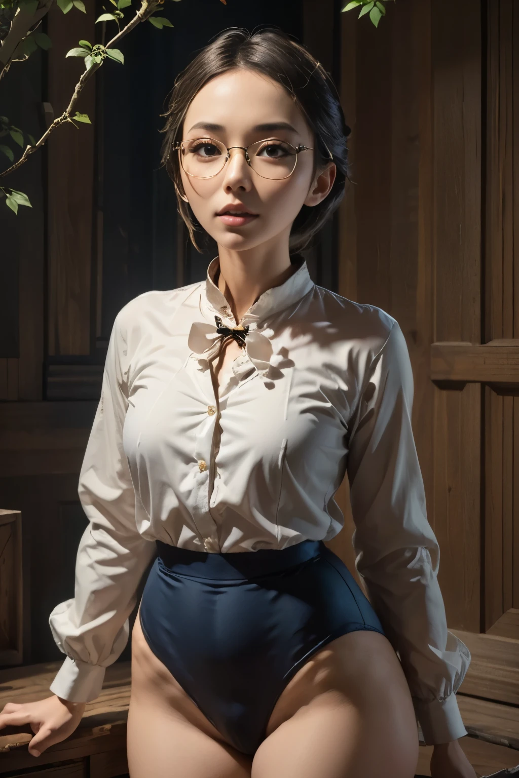 (masterpiece, highest quality), 1 girl, beautiful face, beautiful body, wearing a Black gymnastics bloomers, High leg、white blouse, cowboy shot、Are standing、full body portrait、alone, complex details, enlarged textures, complex details, finely detailed eyes and detailed face, intricate details, (closed mouth), perfect eyes, equal eyes, perfect body, extremely detailed, (), extremely realistic 3d,In a dark forest、Glasses
