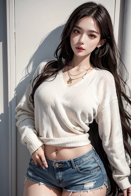 a woman, beautiful, amazing face and eyes, cosmetic, red glossy lips, (Extremely detailed beautiful face), (The sexiest look), (Sweatshirt), (best quality), (Super detailed), (Extremely detailed CG unified 8k wallpaper),original photo, Professional photography, (standing), (pure white background),(black hair),(big eyes),(Soft light source),(A little cleavage),(shorts),(black top)