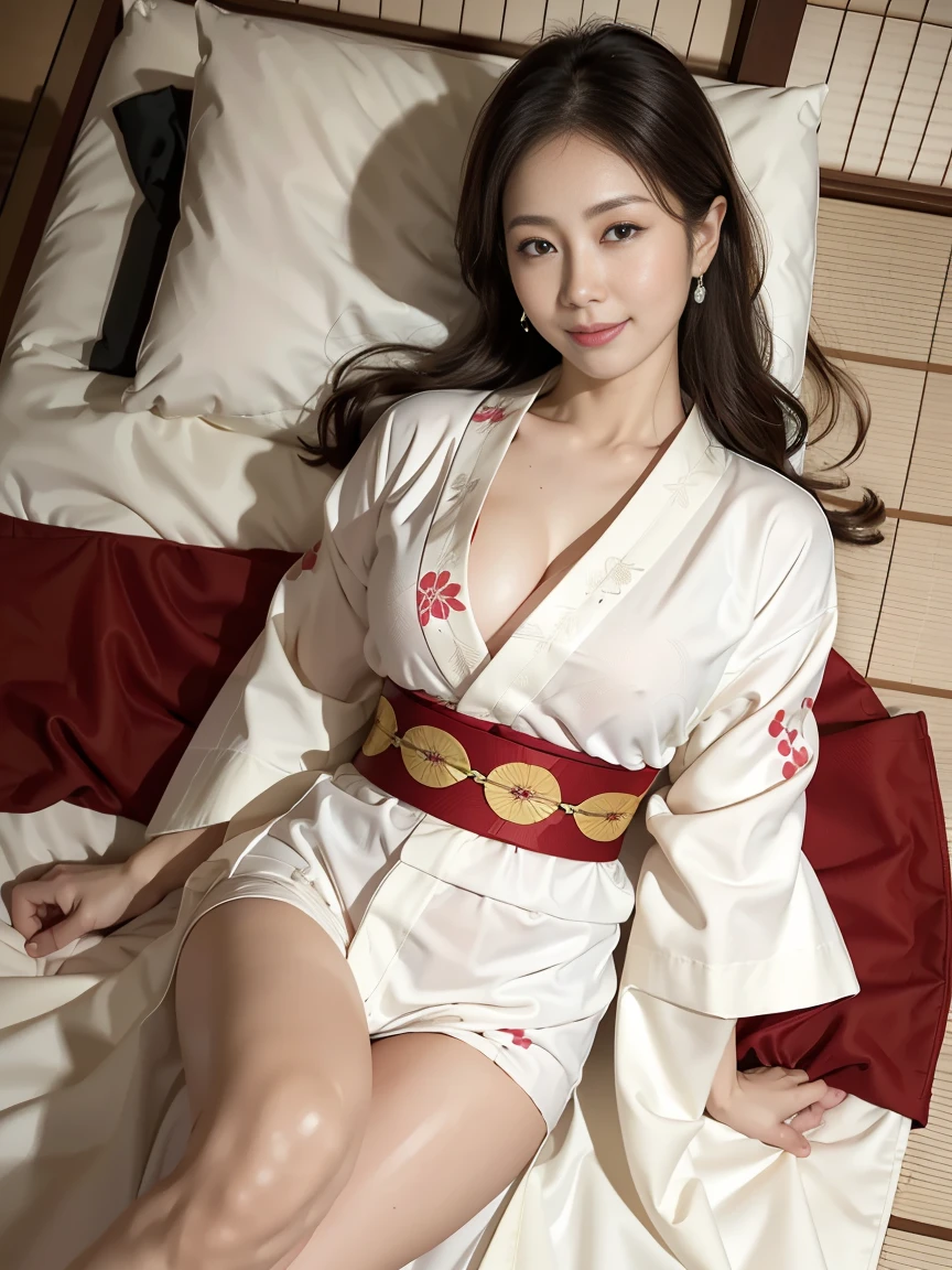 top-quality、Top image quality、​masterpiece、fully body photo、25 years old women, governess、Dark brown wavy middle hair、bangss、((Red kimono、golden embroidery))、 ((no-bra、Puffy nipple、))、soft boob、breasts of medium size,、Kamimei、 Shy laughter、luxury hotel room、Lying on the floor、Show your ass、((Grasp your breasts with both hands over your clothes、Touching the crotch、open one's legs、Open both knees))