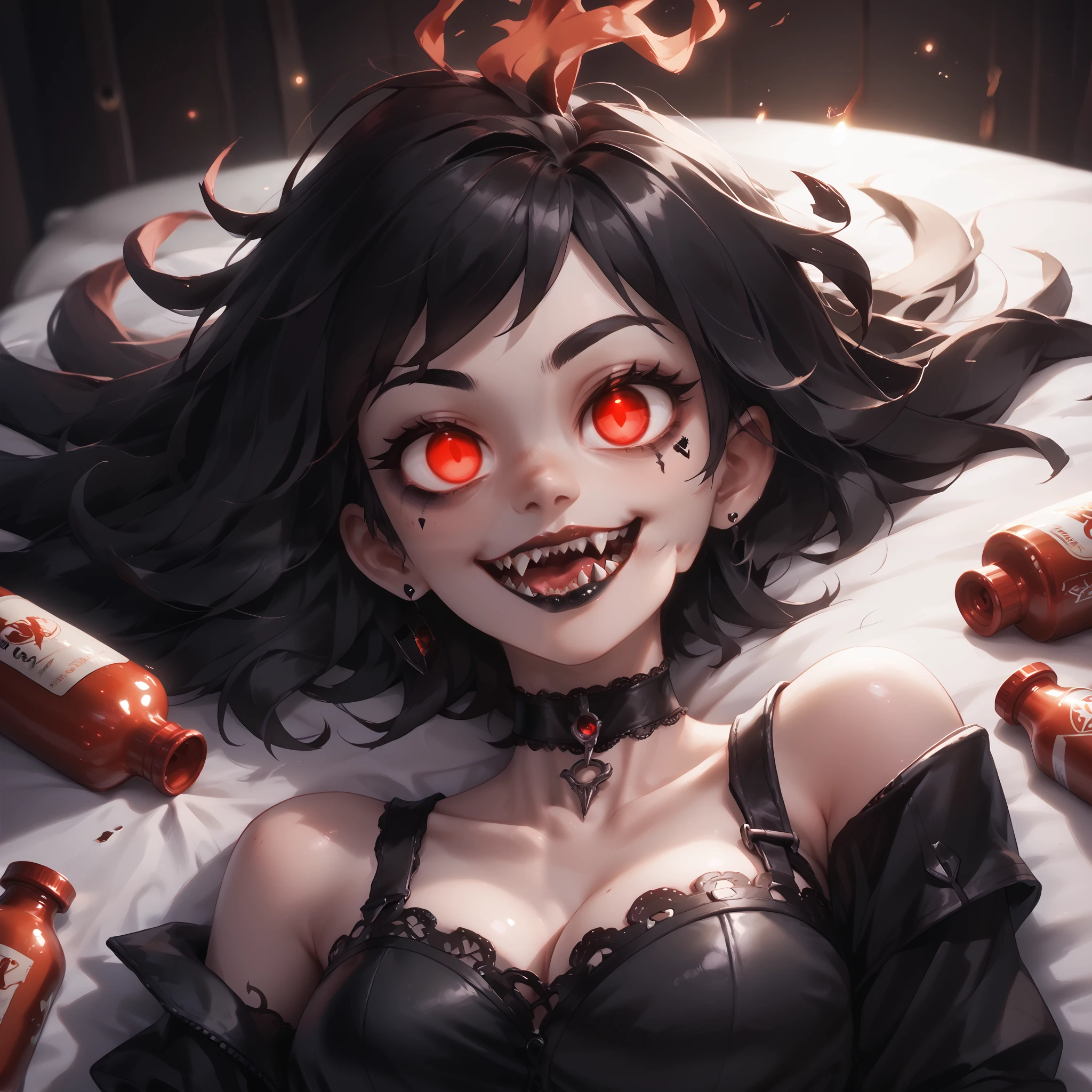(ultra detailed), (masterpiece), (best quality), (depth of field), (sharp focus), (cinematic lighting), (vibrant red), 1girl, sexy goth clothing, dark lace dress, fishnet stockings, choker, leather boots, pale skin, dark makeup, black lipstick, smudged eyeliner, black tattoos, silver piercings, crazy smile, fangs, tongue out, deep eyes, psychotic, psycho, surrounded by empty beer bottles, chaotic atmosphere, dark hair, (big breasts), glowing red eyes, ((red flames in the background)), (lying on bed), sharp teeth, (sexy body), energetic, Phonk, Brazilian Phonk, dark background, silhouette, glowing eyes, aura, floating hair, blank eyes, looking at viewer, {{crazy smile, sadistic smile, closed teeth}}, ((empty eyes)), {{glowing eyes, glowing particles, glow}}, haunted glow, traditional media, realistic, --s 100 --niji 5 --ar 1:1