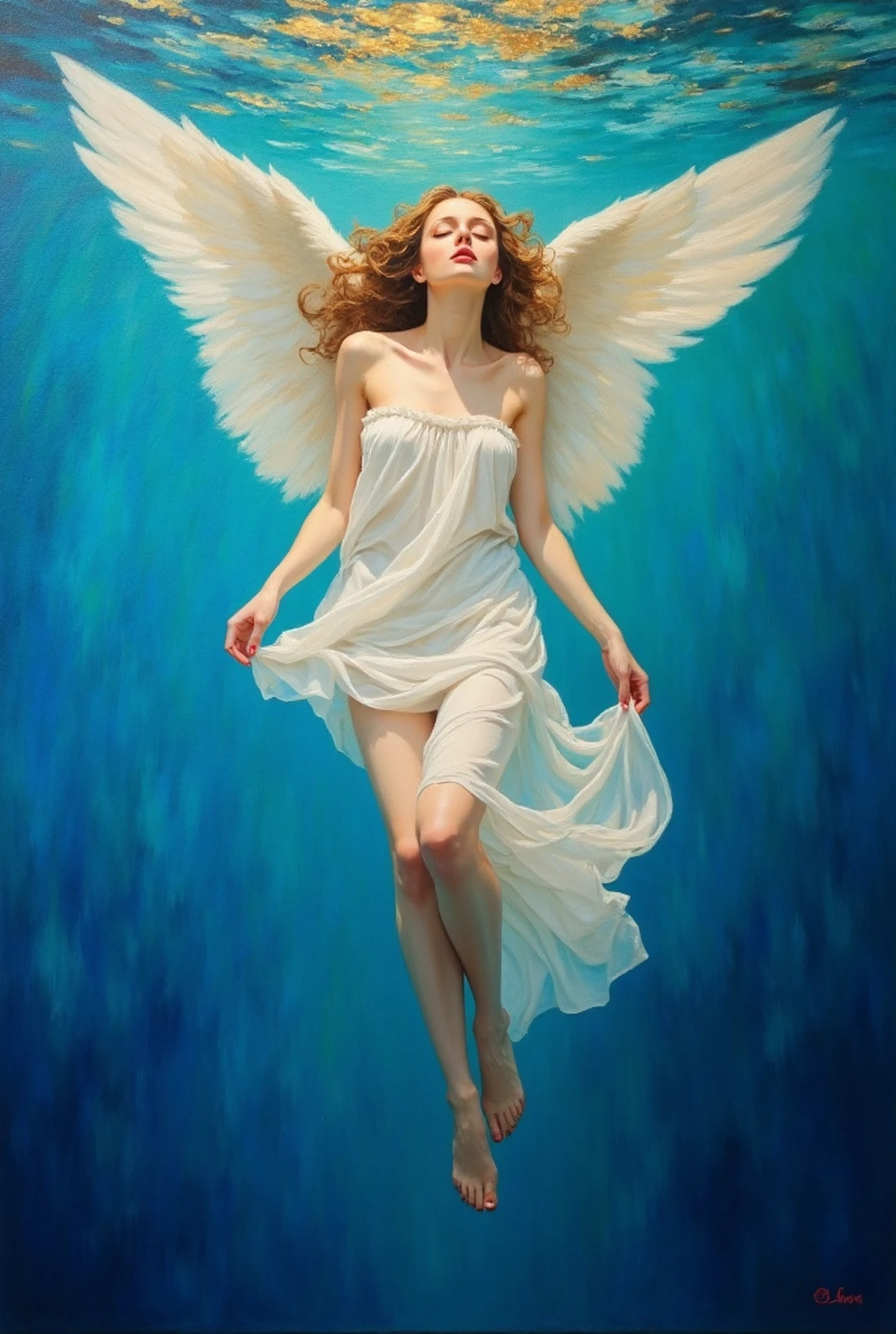Painting of a woman in a white dress floating in the water - SeaArt AI