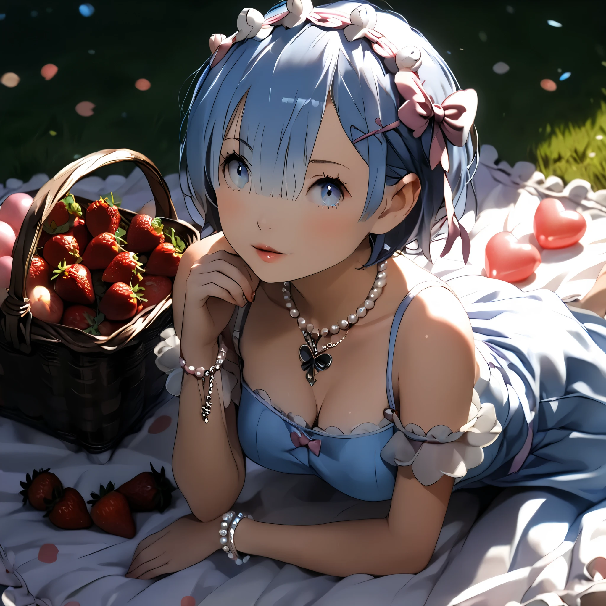 (beautiful girl:1.3),1girl,masterpiece,Highest quality,Ultra-high resolution,rich contrast,super high quality,8k,Highly detailed CG unit wallpaper,texture,Incredibly absurd,Ultra-high resolution,Highest quality anime,professional photograph,an extremely delicate and beautiful,RAW Photos,Depth of Field 1.2,ultra-detailed eyes,Glitter Effect,Beautiful glossy lips, 25years old, gorgeous legs, noise perfect, gorgeous ass, dynamic pose, sensual woman, seductive woman, mature woman, Milf, maternal, shy look, full body, (type of photo: medium shot, portraying the person from head to waist), aarem, short hair, blue hair, maid headdress, x hair ornament, hair ribbon, hair over one eye, blue eyes, breasts, Rem from Re-Zero, Outfit: A pastel pink lace midi dress with puffed sleeves and an A-line skirt. Sandals with thin straps and a bow at the ankle. Accessories: Wide-brimmed cream hat, a necklace with a heart-shaped pendant and a pearl bracelet. Hair and makeup: Soft waves in the hair, natural makeup with pink lips and a subtle highlighter on the cheekbones. Scenario: A picnic in a flowery park, with a checkered blanket, a basket with strawberries and champagne, heart-shaped balloons floating around.
