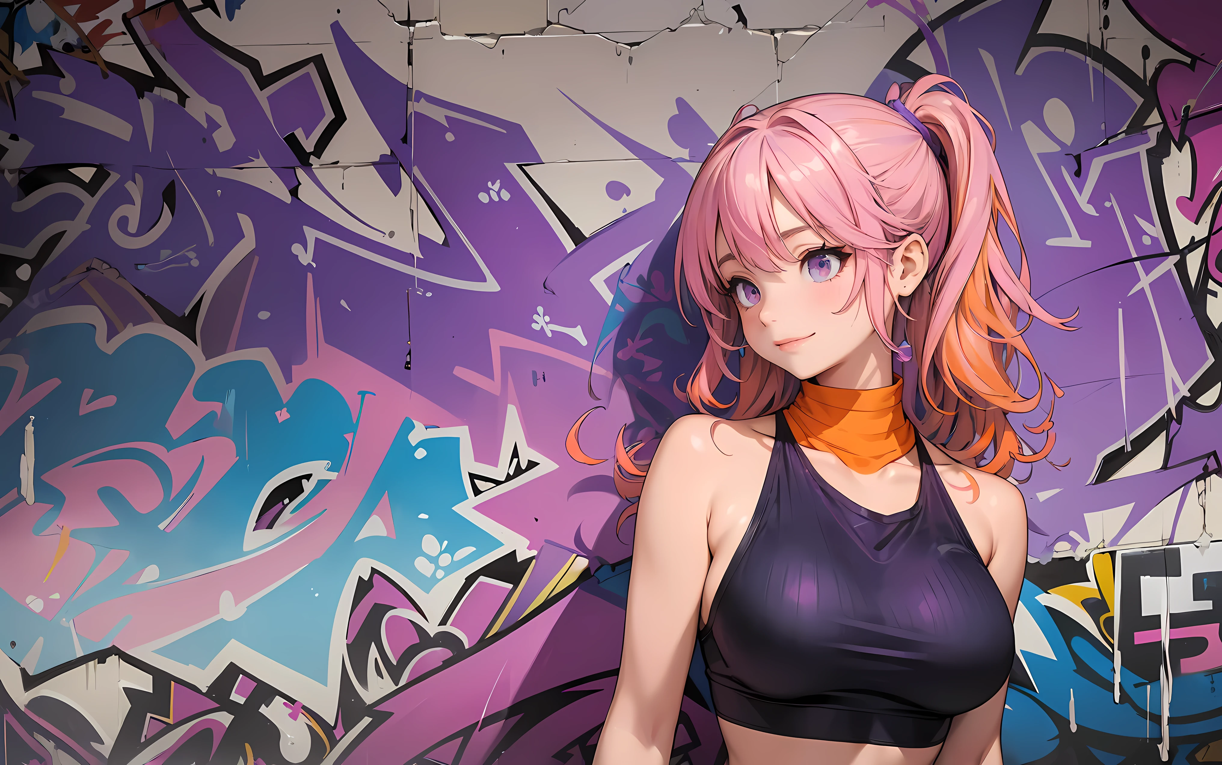 (best quality), masterpiece, extremely detailed CG uniform 8K illustration, high color, extremely high color saturation, all colors deepened, paint, graffiti art, side composition, extremely detailed light and shadow, graffiti wall, wall painted bright, 1 girl graffiti 1 girl looking away from the wall, smile, smiling, extremely detailed face and eyes, long wavy messy hair, (pink and purple and blue and orange hair:1.5), (tight high neck halter top:1.5), colored clouds , (extremely large breasts:1.2), (she is on the left side of the shot image screen:1.5)