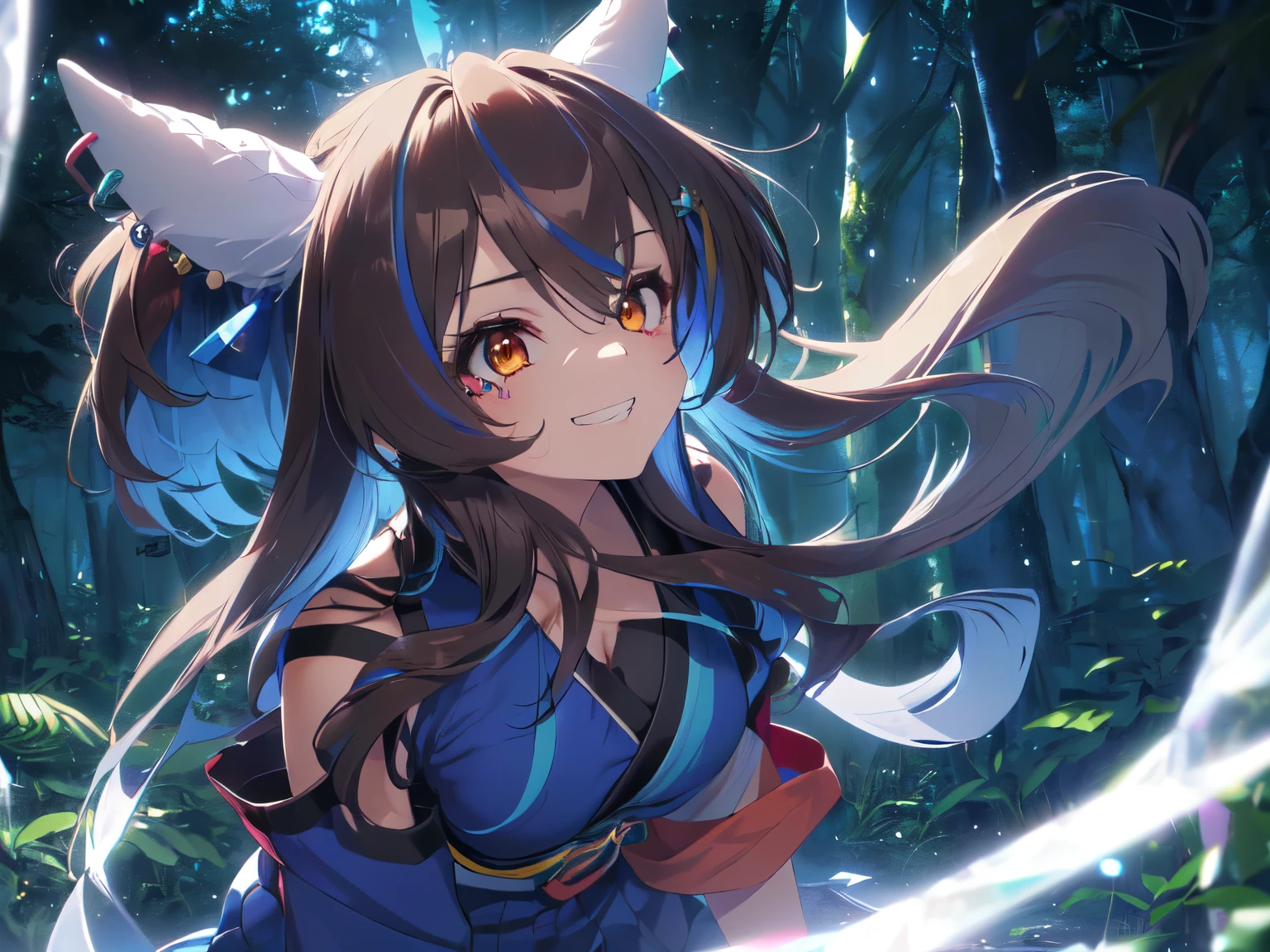(((Solo, Girl with horse ears and horse tail, Japanese female ninja, ((See-through)), No bra, Cable sweater, Skirt, Blue clothes, Tight thighs, ((Crystal-shaped accessories, Hair accessories)), Toothy grin, Squinting, Glowing eyes, Hair tousled in the wind, ((Dark forest)), Night, Starry sky, Strong wind blowing, Sexy pose, Looking at camera, Detailed body structure, 2D animation, Masterpiece, Best quality, Highest resolution, Flat chest, Upper body close-up, Anime)))