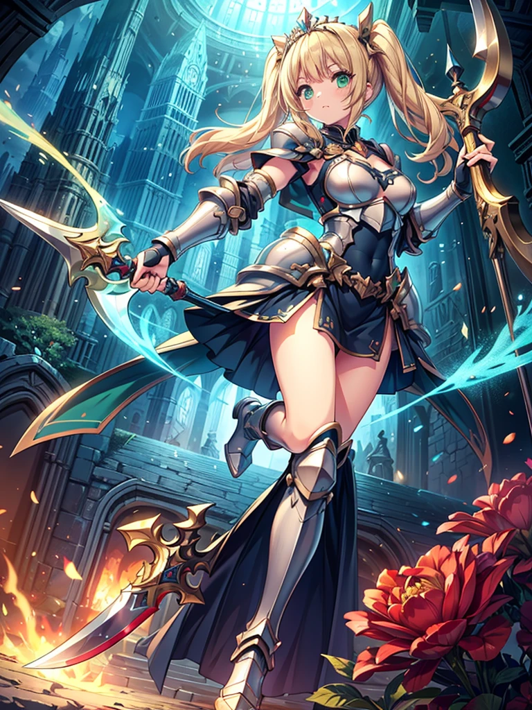 Highest quality, Super quality, 16K, Incredibly absurd, Very detailed, 2.5D, delicate and dynamic, Delicate facial depiction, Delicate eye depiction, miniature painting, Small faint lights and flying fireflies, night, Starry Sky, milky way, nebula, shooting star, Flowers, birds, wind and moon, Castle in the Sky, erotic, sole sexy lady, healthy shaped body, 22 years old lady, Asura, 170cm tall, 8 heads, huge firm bouncing busts, Holding a colorful holy sword, full body metal armor, Complicated armor, Brightly colored armor,