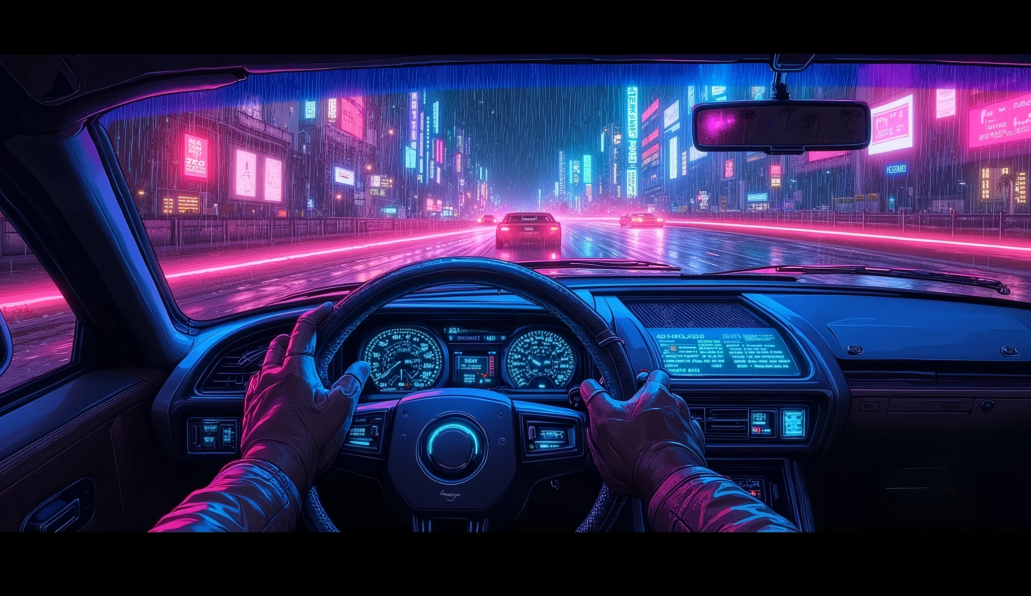 first-person driving view, midnight highway scene, retro 1980s sports car interior,  
driver's leather-gloved hands on a classic three-spoke leather steering wheel,  
denim jacket sleeve visible, glowing blue dashboard with analog gauges (speedometer, tachometer, fuel),  
neon-blue backlight, hexagonal stitching on tan leather seats, chrome gearshift lever,  
1980s boxy car body with pop-up headlights, angular side mirrors, retro-futuristic LED wheel rims,  
highway illuminated by pulsating neon road lines (cyan, magenta), car headlights cutting through fog,  
dark sky with retro constellations, distant neon mountains, glowing wind turbines, synthwave atmosphere,  
(reflections on windshield:1.3), light rain droplets, motion blur on passing retro billboards,  
(outrun-style palm trees:1.2), cassette player with glowing buttons, (chrome accents:1.4),  
analog clock on dashboard, vintage car radio with antenna, clean retro-futuristic aesthetic