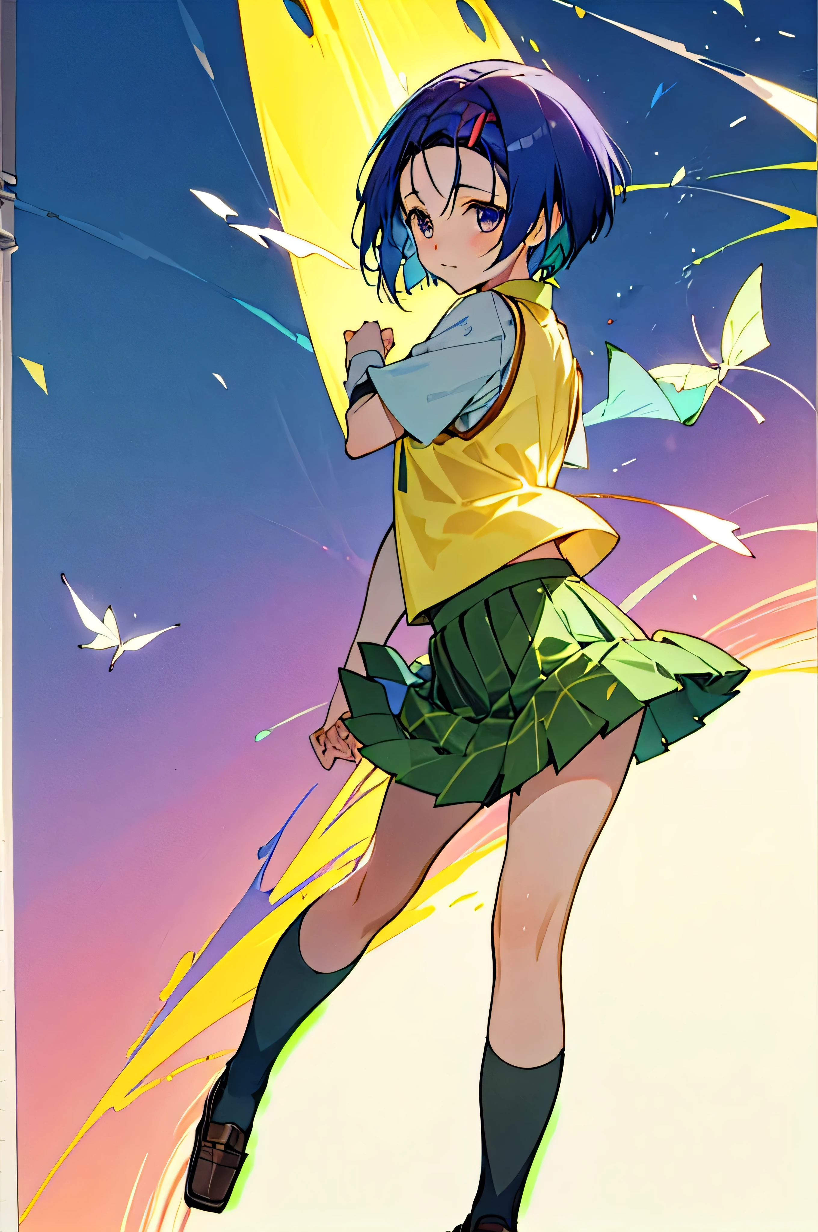 formula wallpaper、   in the seat、  Sairenji Haruna、((( blue hair shortcut、 school uniform 、 yellow vest、 green skirt 、Black socks、 loafers)))、 are standing、 has hair fluttering in the wind、 simple background