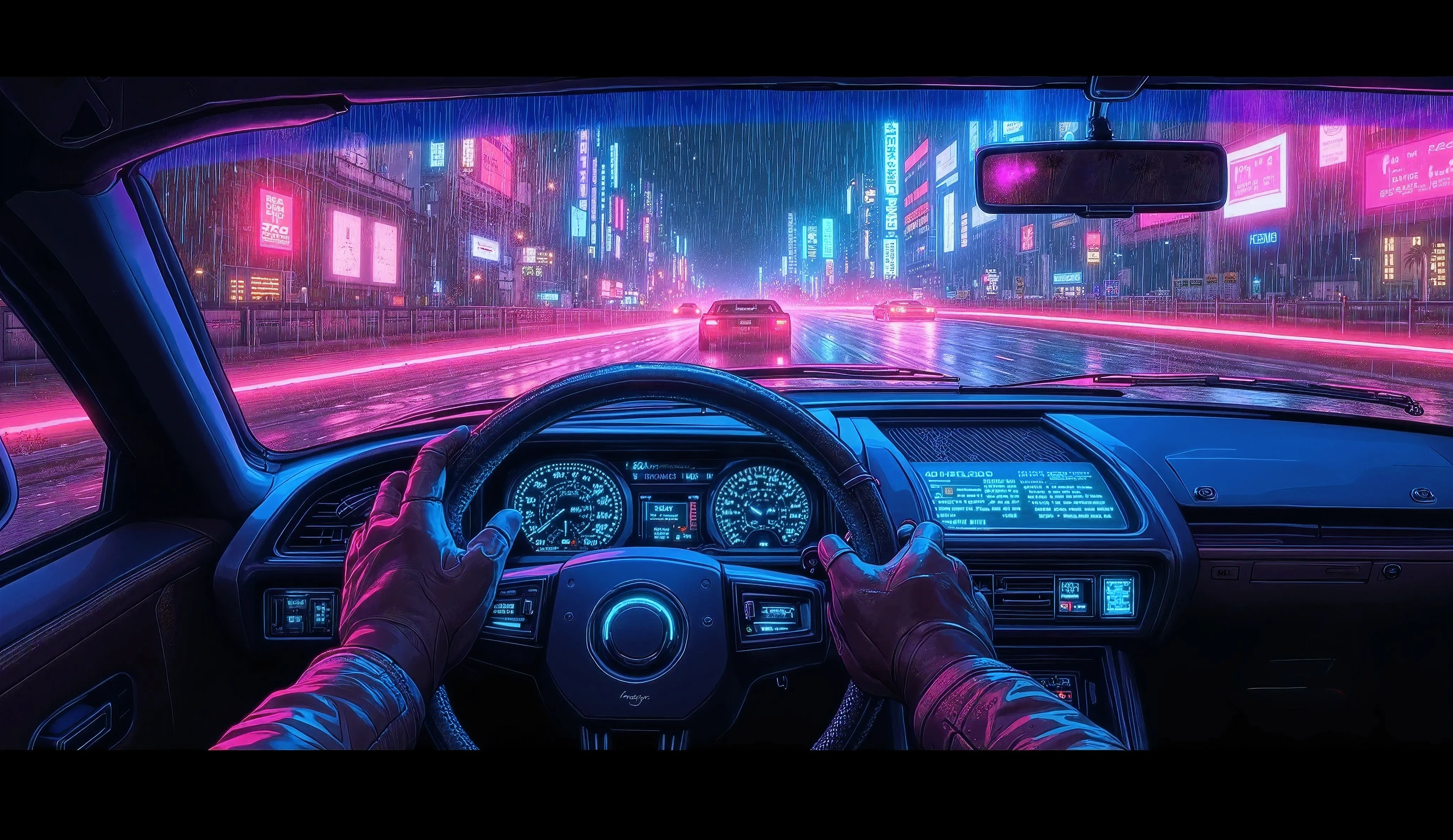first-person driving view, midnight highway scene, retro 1980s sports car interior,  
driver's leather-gloved hands on a classic three-spoke leather steering wheel,  
denim jacket sleeve visible, glowing blue dashboard with analog gauges (speedometer, tachometer, fuel),  
neon-blue backlight, hexagonal stitching on tan leather seats, chrome gearshift lever,  
1980s boxy car body with pop-up headlights, angular side mirrors, retro-futuristic LED wheel rims,  
highway illuminated by pulsating neon road lines (cyan, magenta), car headlights cutting through fog,  
dark sky with retro constellations, distant neon mountains, glowing wind turbines, synthwave atmosphere,  
(reflections on windshield:1.3), light rain droplets, motion blur on passing retro billboards,  
(outrun-style palm trees:1.2), cassette player with glowing buttons, (chrome accents:1.4),  
analog clock on dashboard, vintage car radio with antenna, clean retro-futuristic aesthetic