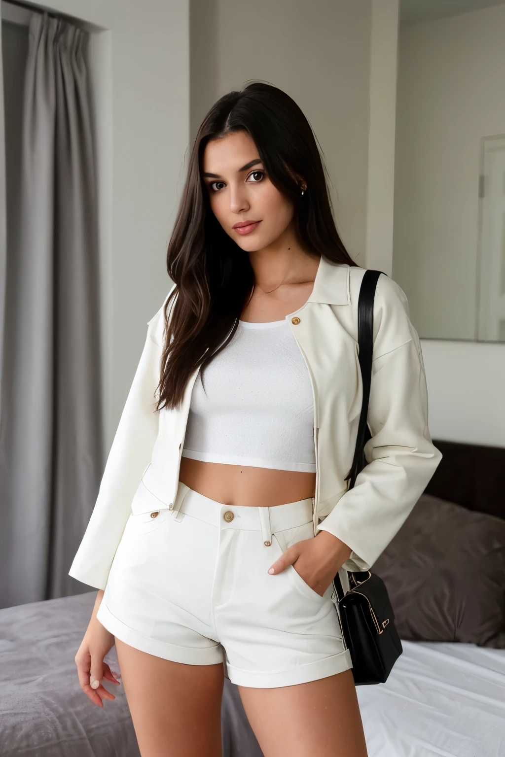 1 mulher, visual elegante e moderno, dia frio, Beautiful woman walking down the street and looking at the camera, 8k, Fotos tiradas por Hasselblad + incrivelmente detalhado, agudeza, Detalhes + professional lighting, photo lighting + 50 millimeters, 80mm, 100m + Galeria do Lightroom + Fotografia Behance + aliviar