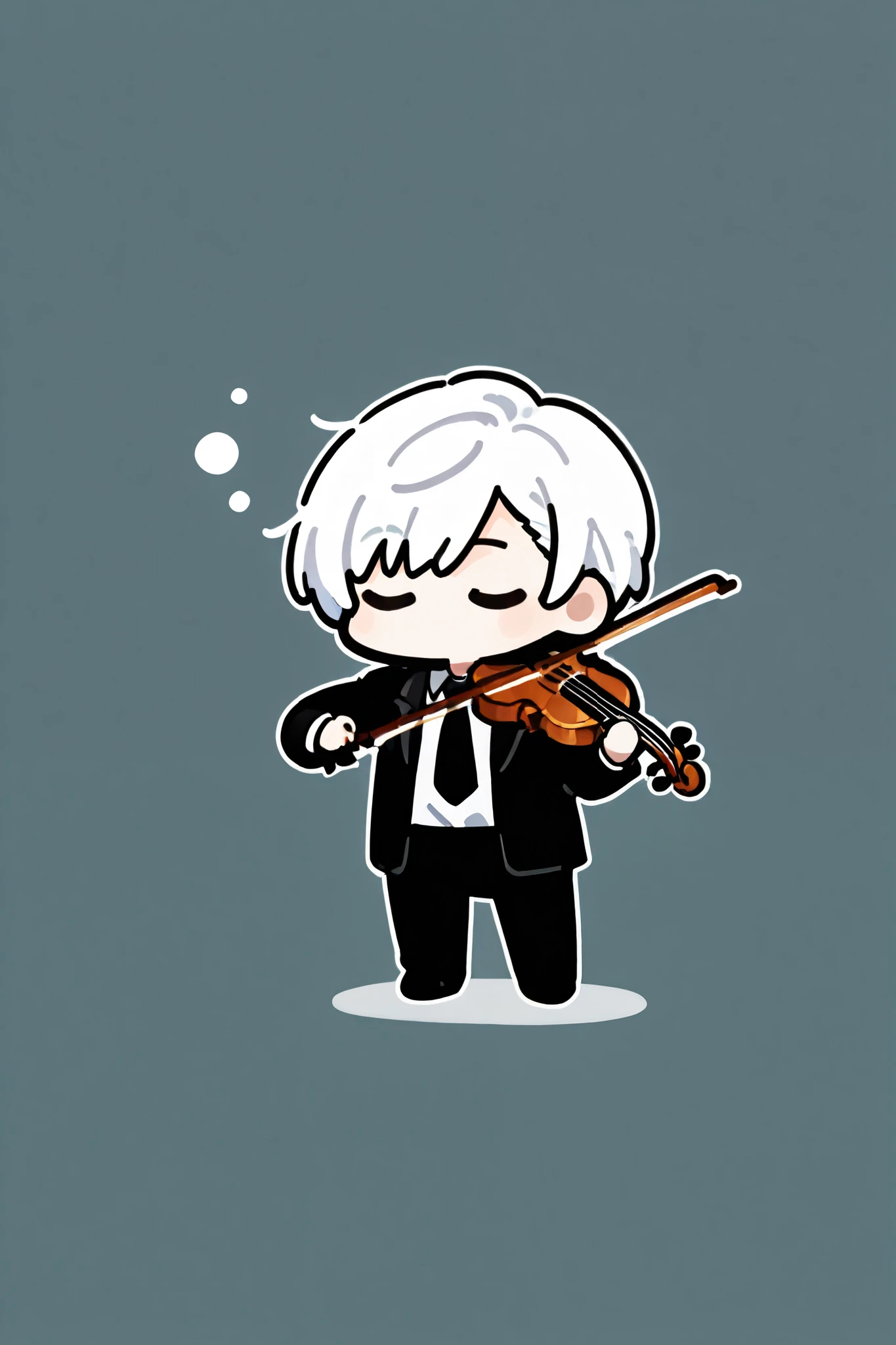 best quality, masterpiece,highest resolution, 1male, solo, under cut, short hair, white hair, black suit, dress shirt, tie, playing violin, closed eyes,chibi