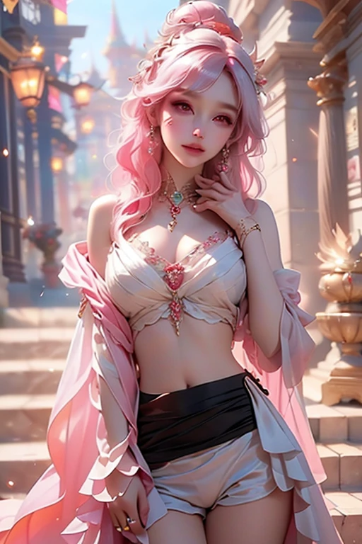 Masterpiece,Best quality,8K,1 girl, Solo,Cute, Raised sexy,Beautiful detailed eyes,beautiful detailed lips,Long flowing pink hair,Sexy belt,Sexy bow,Huge breasts,Almost ,Sheer tattered suit,No bra,full body shot of,view the viewer,Professional lighting, photon maping, Radio City, Physically-based rendering,Beautiful detailed sky,Detailed global adventure, Cultural experience, Breathtaking destination, Local customs, Immersive travel, sightseeing,mid afternoon,