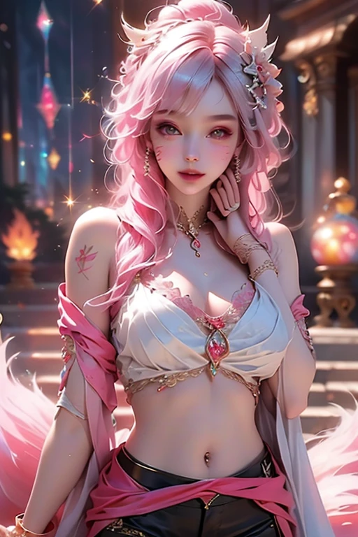 (masterpiece、top-quality、top-quality、Official art、Beautifully Aesthetic:1.2)、(1girl in)、ighly detailed、(Fractal Art:1.3)、colourfull、highestdetailed Soft smile breasts are large Soft expression A smile Pink Ninetail foxes Breasts are big showy Gold background Happy Very bright pink there pink there Facing the front Sitting on a chair and inside the thigh Background Pink