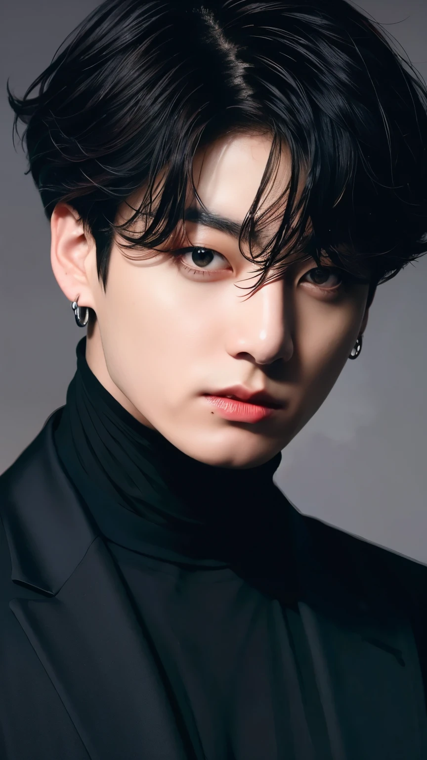 Jungkook BTS, “Illustrate Jeon Jungkook in a dark and mysterious setting. He is shrouded in shadows, with only glimpses of his face visible. He wears a dark, stylish outfit and has a brooding, enigmatic expression. The atmosphere is tense and intriguing.”
