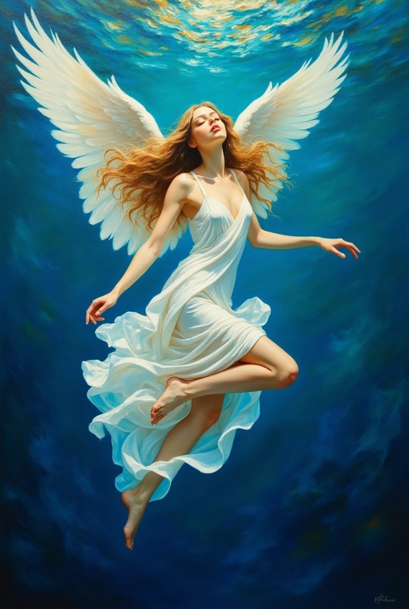 Painting of a woman in a white dress floating in the water - SeaArt AI