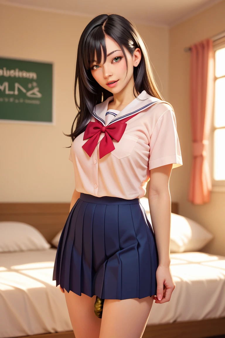 Japan girl, girl in her twenties, wavy little long hair, black hair, brown eyes, perfect figure, transparency, luster, luster, modest breasts, school uniform, navy blue tie, navy blue skirt, light blue shirt, pink panties, gravure idol, sleeping in bed, open legs,