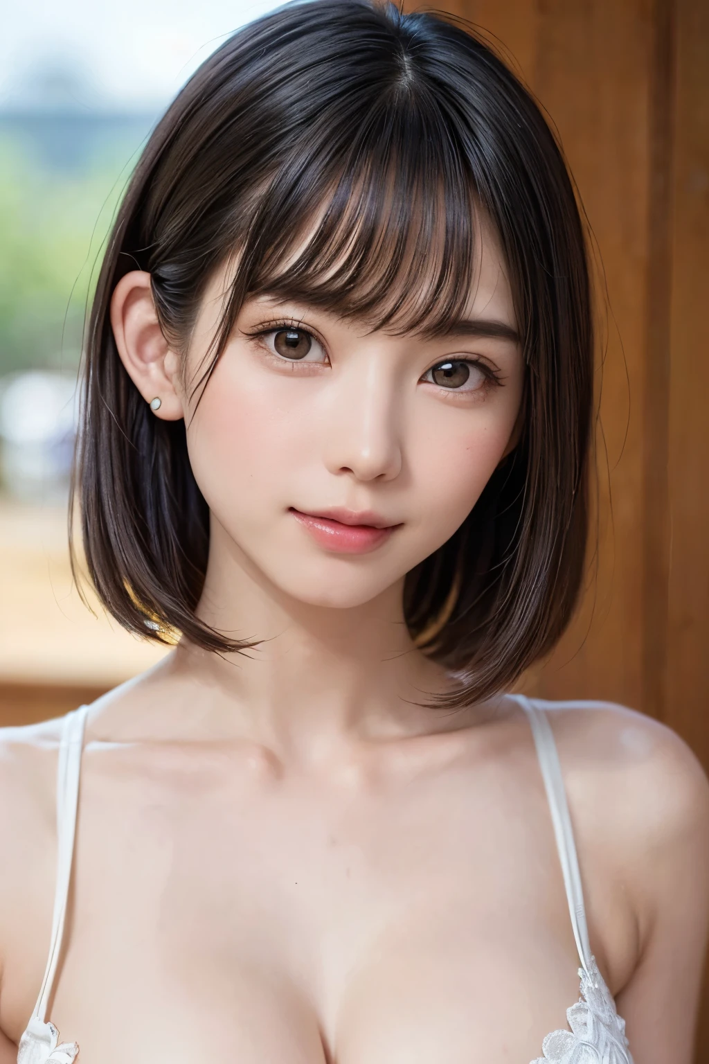 masutepiece, Best Quality, One girl, (Beautiful Girl:1.3), (:1.2), Very fine eye definition, (Symmetrical eyes:1.3), NSFW, (Cute sleeveless:1.3), Beautiful breasts, Brown eyes, Parted bangs, Brown hair, Upper teeth、Background outdoor