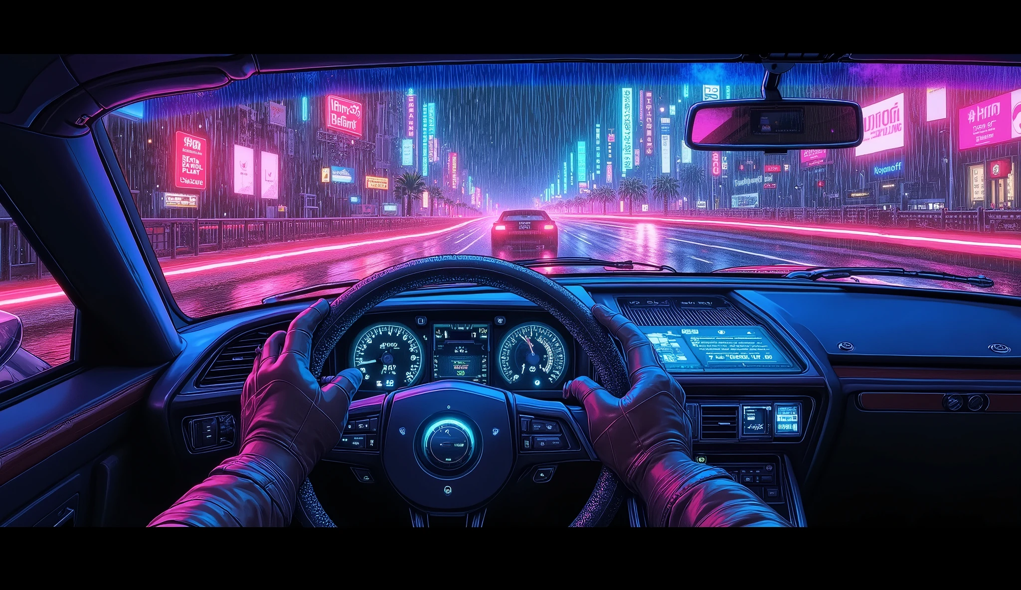 first-person driving view, midnight highway scene, retro 1980s sports car interior,  
driver's leather-gloved hands on a classic three-spoke leather steering wheel,  
denim jacket sleeve visible, glowing blue dashboard with analog gauges (speedometer, tachometer, fuel),  
neon-blue backlight, hexagonal stitching on tan leather seats, chrome gearshift lever,  
1980s boxy car body with pop-up headlights, angular side mirrors, retro-futuristic LED wheel rims,  
highway illuminated by pulsating neon road lines (cyan, magenta), car headlights cutting through fog,  
dark sky with retro constellations, distant neon mountains, glowing wind turbines, synthwave atmosphere,  
(reflections on windshield:1.3), light rain droplets, motion blur on passing retro billboards,  
(outrun-style palm trees:1.2), cassette player with glowing buttons, (chrome accents:1.4),  
analog clock on dashboard, vintage car radio with antenna, clean retro-futuristic aesthetic