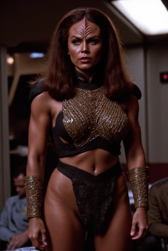 (extremely detailed 8k wallpaper), facing camera, full body shot, photo of ((beautiful margot robbie, moderate brown skin woman)) with ((long black hair)) (wearing metallic loincloth), is ((klingon woman)), ((star trek)), ((large breasts:1.5)), flawless breasts, smooth breasts, ((nipple rings)) ((abs, slender figure, perfect body :1.2)) at, ((standing on a moody spaceship bridge)), sexy, Intricate, High Detail, Sharp focus, dramatic, realism, beautiful and detailed lighting, shadows, angled view, walking, one bat'leth in right hand, photorealistic, perfect face, rule of thirds,  ((naked:1.3)), ((nsfw:1.3)), 