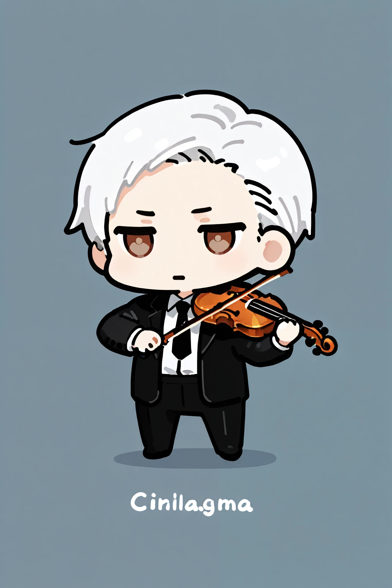 best quality, masterpiece,highest resolution, 1male, solo, under cut, short hair, white hair, black suit, dress shirt, tie, playing violin, brown eyes,chibi,