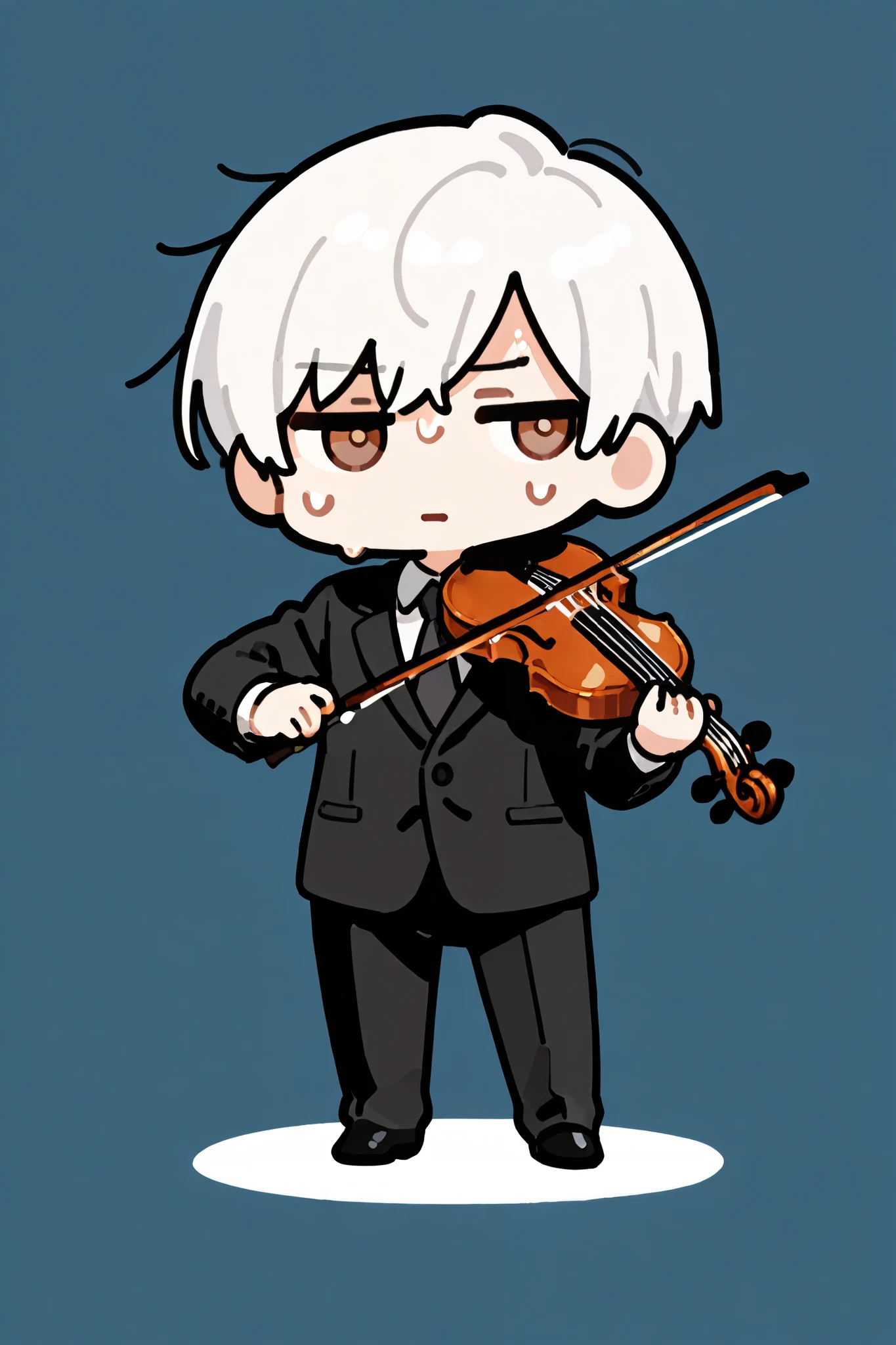 best quality, masterpiece,highest resolution, 1male, solo, under cut, short hair, white hair, black suit, dress shirt, tie, playing violin, brown eyes,chibi,Sideways glance, sweat