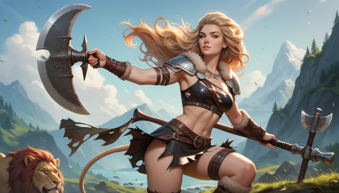 A female warrior battles an exotic creature in mystical land. The image should be in the painting style of classic fantasy artists such as frank frazetta, Julie bell, Boris Vallejo and brom. , a female warrior, pale skin, She has (long straight white hair) and green colored eyes, muscular body. She wears (black top with copper trim:1.2), (black pelvic curtain:1.2), the pelvic curtain drapes between her legs occasionally catching the slight breeze, bare arms, midriff, black shoulder pads with copper trim, fur trimmed boots, copper bracers, gemstones embedded in her armor. (perfecteyes eyes). Eternia background, multicolor sky, cloudy sky, . She stands firmly on the ground a wide stance, ready to fight. dynamic exaggerated poses.(best quality,4k,8k,highres,masterpiece:1.2), ultra-detailed, (realistic,photorealistic,photo-realistic:1.37),(Numerous award-winning masterpieces, incredibly detailed and textured, maximal resolution and clarity), (Hyper-realistic:1.4),face enhancer v3.0, (Realistic:1.3), super quality, beautiful detail, super detailed, extra fine, 16K, exquisite, absurd, high resolution, masters of the universe, (best quality,4k,8k,highres,masterpiece, colorful, vibrant colors:1.2) . The creature looms over her with sharp claws and teeth