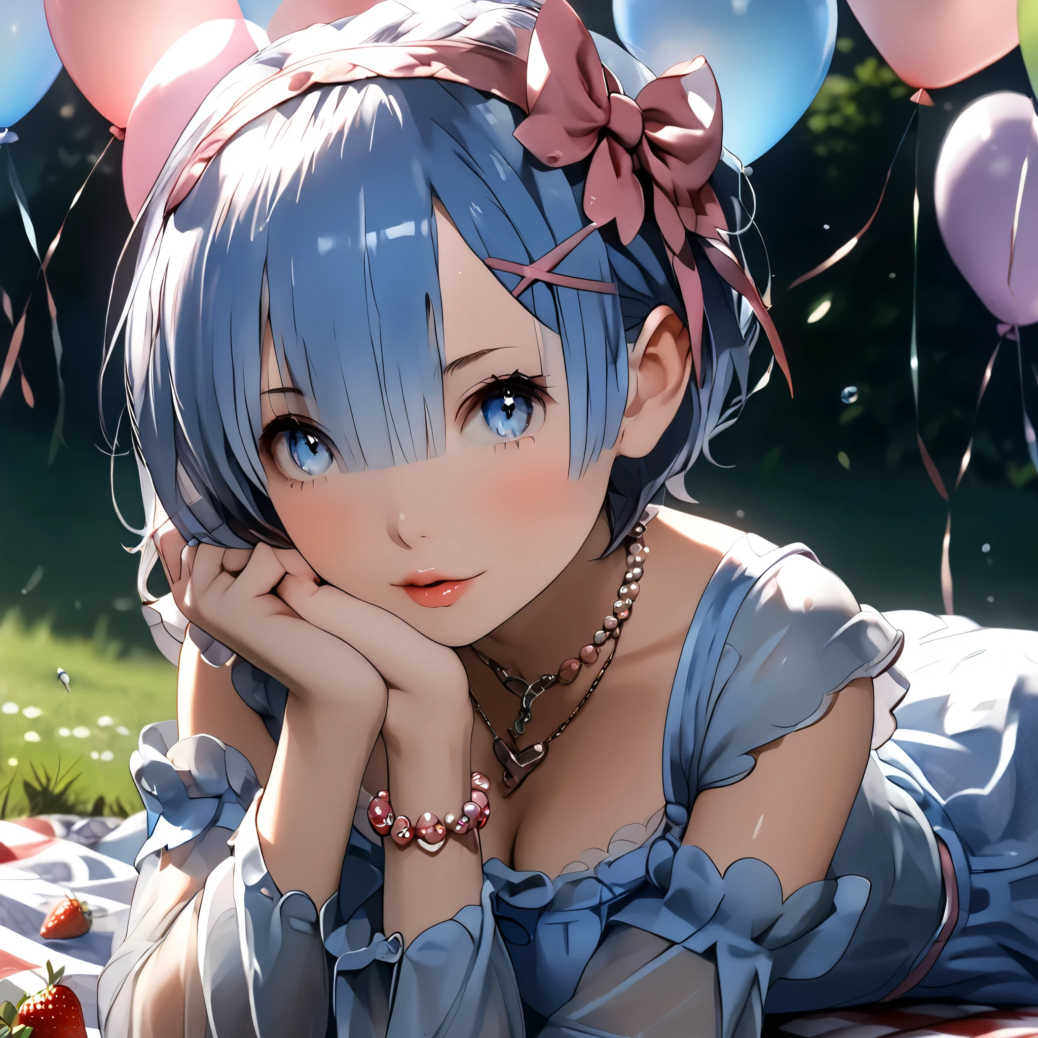(beautiful girl:1.3),1girl,masterpiece,Highest quality,Ultra-high resolution,rich contrast,super high quality,8k,Highly detailed CG unit wallpaper,texture,Incredibly absurd,Ultra-high resolution,Highest quality anime,professional photograph,an extremely delicate and beautiful,RAW Photos,Depth of Field 1.2,ultra-detailed eyes,Glitter Effect,Beautiful glossy lips, 25years old, gorgeous legs, noise perfect, gorgeous ass, dynamic pose, sensual woman, seductive woman, mature woman, Milf, maternal, shy look, full body, (type of photo: medium shot, portraying the person from head to waist), aarem, short hair, blue hair, x hair ornament, hair ribbon, hair over one eye, blue eyes, breasts, Rem from Re-Zero, Outfit: A pastel pink lace midi dress with puffed sleeves and an A-line skirt. Sandals with thin straps and a bow at the ankle. Accessories: Wide-brimmed cream hat, a necklace with a heart-shaped pendant and a pearl bracelet. Hair and makeup: Soft waves in the hair, natural makeup with pink lips and a subtle highlighter on the cheekbones. Scenario: A picnic in a flowery park, with a checkered blanket, a basket with strawberries and champagne, heart-shaped balloons floating around.