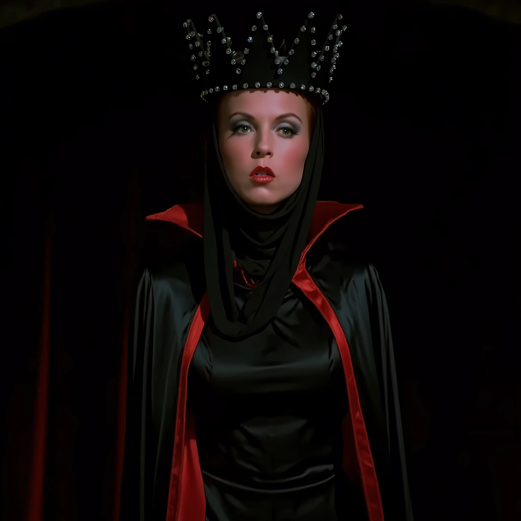 cinematic closeup film still of  Evil Queen a Long shot of a surprised woman with Huge Wide Bulging Eyes , Very busty in a black costume, Long Black Satin Cape with red satin Lining and a black crown with wide staring eyes and a shock expression on her face in 1500s 15th century, 1girl, solo, hat, upper body, lips, makeup, black background, crown, lipstick, realistic, red lips, shallow depth of field, vignette, highly detailed, high budget, bokeh, cinemascope, moody, epic, gorgeous, film grain, grainy