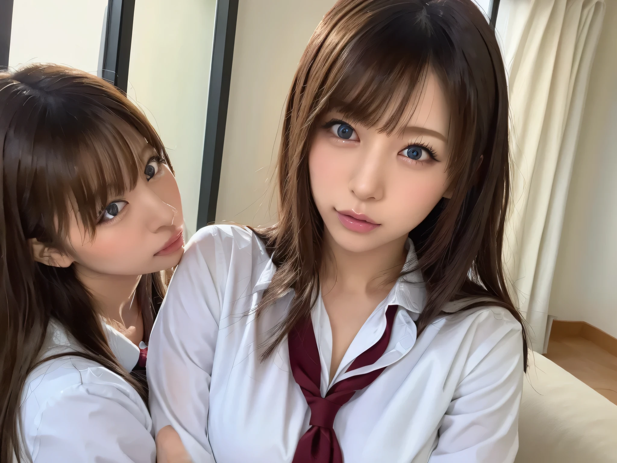 ( top quality, 4K, 8k high resolution, Masterpiece:1.2), very detailed, 1people, woman, ( black hair, long hair, blue eyes),(( school uniform)),((3people)),(()),(()),(()),(()),(()),(()),(()) Sexy Vibe , attractive breasts, magic hour ,Emphasizing individuality and uniqueness , thin and beautiful eyes, Beautiful Lip Details, long eyelashes, bright color, Photo Spot,Soft and warm colors ,