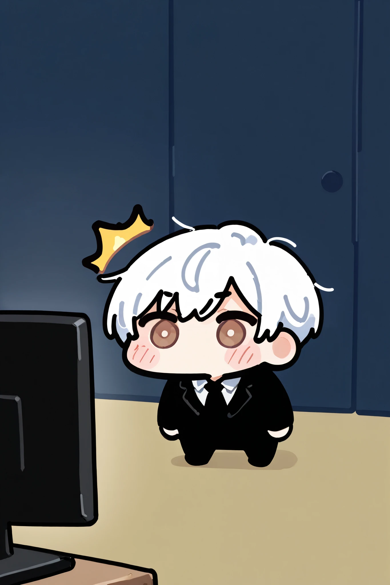 best quality, masterpiece,highest resolution, 1male, solo, under cut, short hair, white hair, black suit, dress shirt, tie, brown eyes,watching TV, chibi, surprised , blush