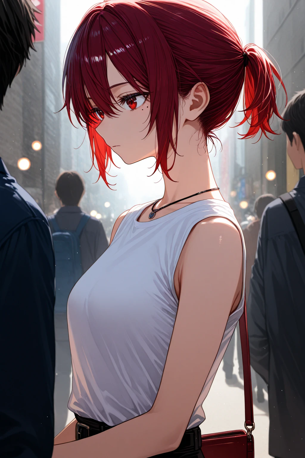 masterpiece, the best quality , good quality, city, depth of field , blurred background, photo background , , eyes red , short ponytail , red hair , black necklace, mole under eye, sleeveless t-shirt , solo focus, light particles , rays of light , shoulder bag , expressionless,