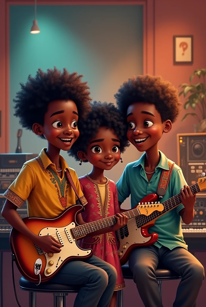 meninos africanos tocando piando e vocalista, Banda Musical Infantil Africana, guitarra de piano