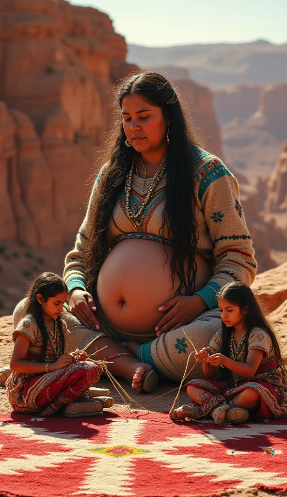 8k, highest quality, ultra details, North American indigenous woman, canyon landscape, Navajo-inspired clothing, turquoise jewelry, radiant smile, harmony with nature and ancestral traditions, pregnant belly, chubby