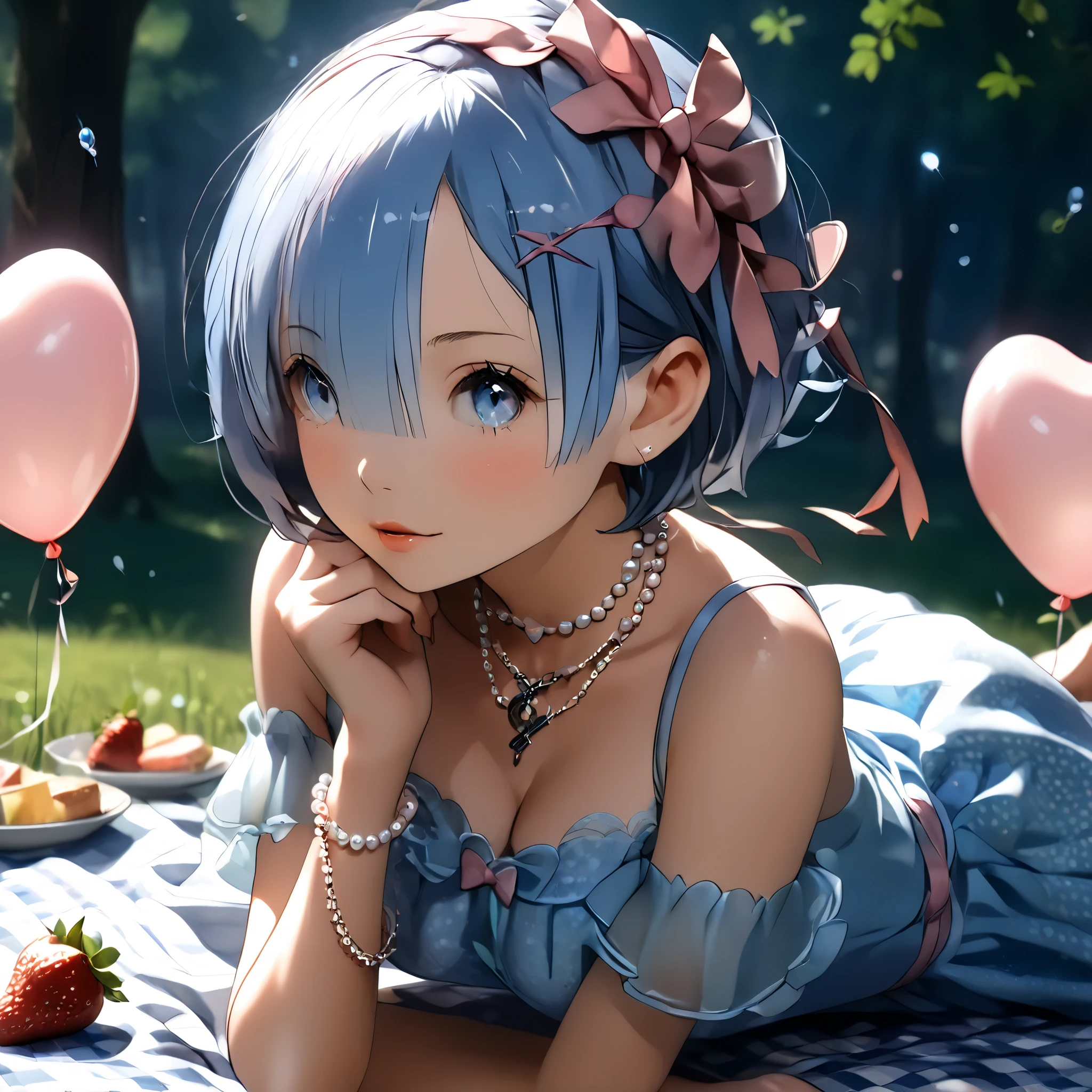 (beautiful girl:1.3),1girl,masterpiece,Highest quality,Ultra-high resolution,rich contrast,super high quality,8k,Highly detailed CG unit wallpaper,texture,Incredibly absurd,Ultra-high resolution,Highest quality anime,professional photograph,an extremely delicate and beautiful,RAW Photos,Depth of Field 1.2,ultra-detailed eyes,Glitter Effect,Beautiful glossy lips, 25years old, gorgeous legs, noise perfect, gorgeous ass, dynamic pose, sensual woman, seductive woman, mature woman, Milf, maternal, shy look, full body, (type of photo: medium shot, portraying the person from head to waist), aarem, short hair, blue hair, x hair ornament, hair ribbon, hair over one eye, blue eyes, breasts, Rem from Re-Zero, Outfit: A pastel pink lace midi dress with puffed sleeves and an A-line skirt. Sandals with thin straps and a bow at the ankle. Accessories: Wide-brimmed cream hat, a necklace with a heart-shaped pendant and a pearl bracelet. Hair and makeup: Soft waves in the hair, natural makeup with pink lips and a subtle highlighter on the cheekbones. Scenario: A picnic in a flowery park, with a checkered blanket, a basket with strawberries and champagne, heart-shaped balloons floating around.