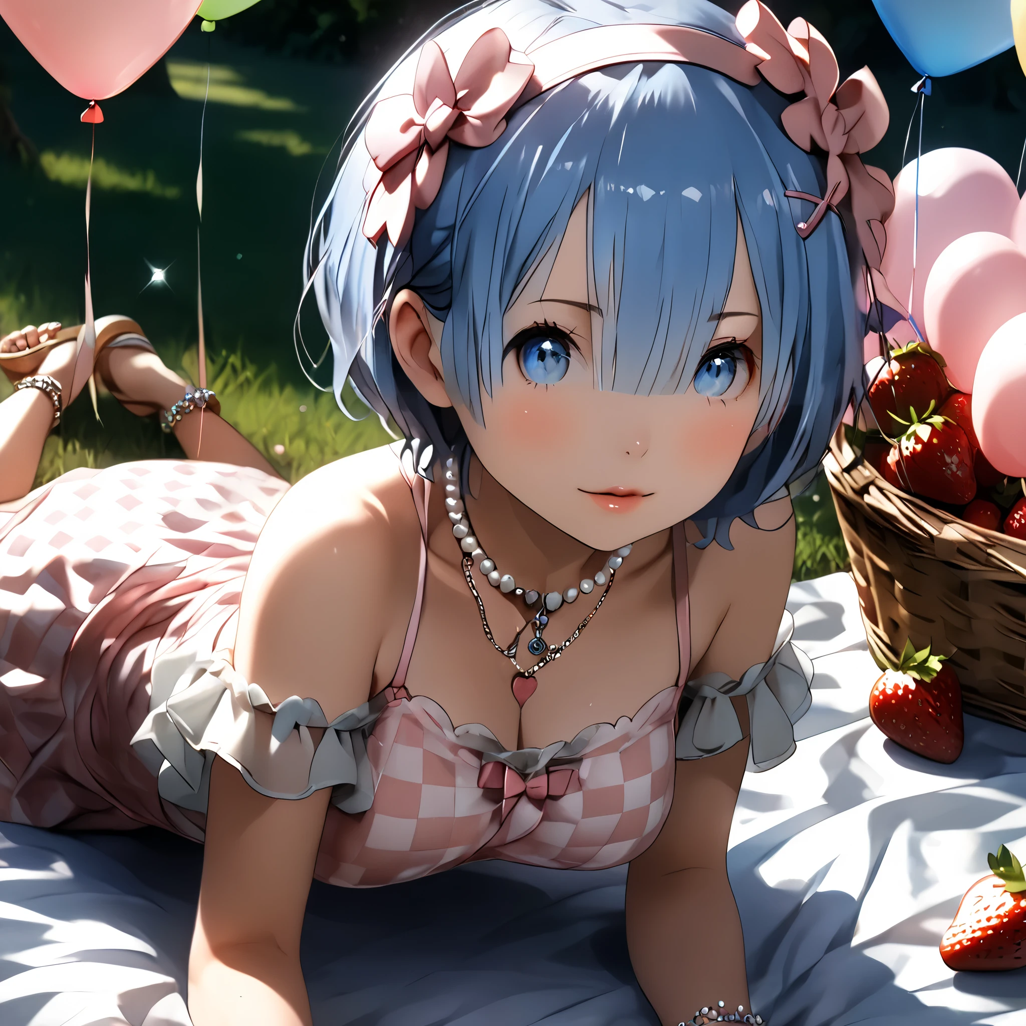 (beautiful girl:1.3),1girl,masterpiece,Highest quality,Ultra-high resolution,rich contrast,super high quality,8k,Highly detailed CG unit wallpaper,texture,Incredibly absurd,Ultra-high resolution,Highest quality anime,professional photograph,an extremely delicate and beautiful,RAW Photos,Depth of Field 1.2,ultra-detailed eyes,Glitter Effect,Beautiful glossy lips, 25years old, gorgeous legs, noise perfect, gorgeous ass, dynamic pose, sensual woman, seductive woman, mature woman, Milf, maternal, shy look, full body, (type of photo: medium shot, portraying the person from head to waist), aarem, short hair, blue hair, x hair ornament, hair ribbon, hair over one eye, blue eyes, breasts, Rem from Re-Zero, Outfit: A pastel pink lace midi dress with puffed sleeves and an A-line skirt. Sandals with thin straps and a bow at the ankle. Accessories: Wide-brimmed cream hat, a necklace with a heart-shaped pendant and a pearl bracelet. Hair and makeup: Soft waves in the hair, natural makeup with pink lips and a subtle highlighter on the cheekbones. Scenario: A picnic in a flowery park, with a checkered blanket, a basket with strawberries and champagne, heart-shaped balloons floating around.