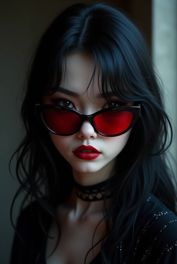 1girl, sunglasses, solo, hat, lipstick, red lips, long hair, dress, plunging neckline, makeup, monochrome, white background, earrings, cleavage, jewelry, upper body, spot color, hair over shoulder,dark theme,shiny,shiny skin,milf,(mature japanese female:1.2),
