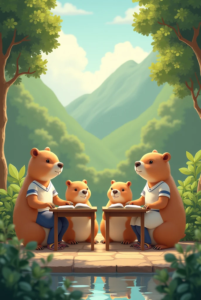 A cute little bear sitting on the globe reading a book