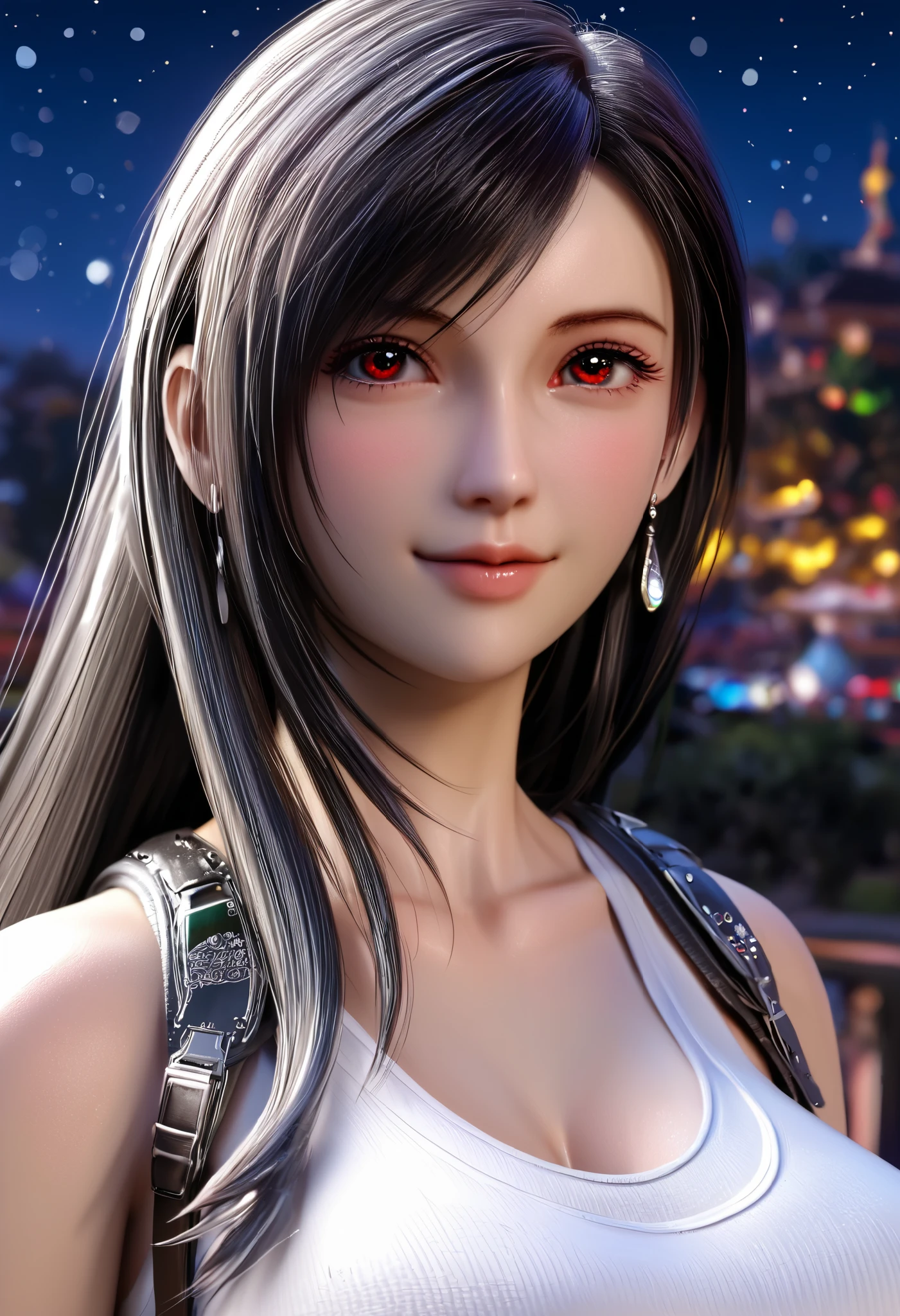Trends on ArtStation, Trends on CGSociety, Intricate, High Detail, Sharp Focus, Dramatic, starry night sky, Tifa Lockheart of Final Fantasy, Tifa's original Final fantasy 7 costume, 25 years old, mature looking, Realistic Art of Drawing by Midjourney and Greg Rutkowski, Sketch, Masterpiece, Best Quality, Very Detailed, 1female, Half-body, head to bust image scope, buts portrait, close-up shot, white tank top and black leather skirt, standing position, Beautiful Meticulous Eyes, Cute Face, Bust, big bossoms, Beautiful Meticulous Face, White Hair, (Botanical Illustration: 1.5), no pornographical exposure, bigger breasts