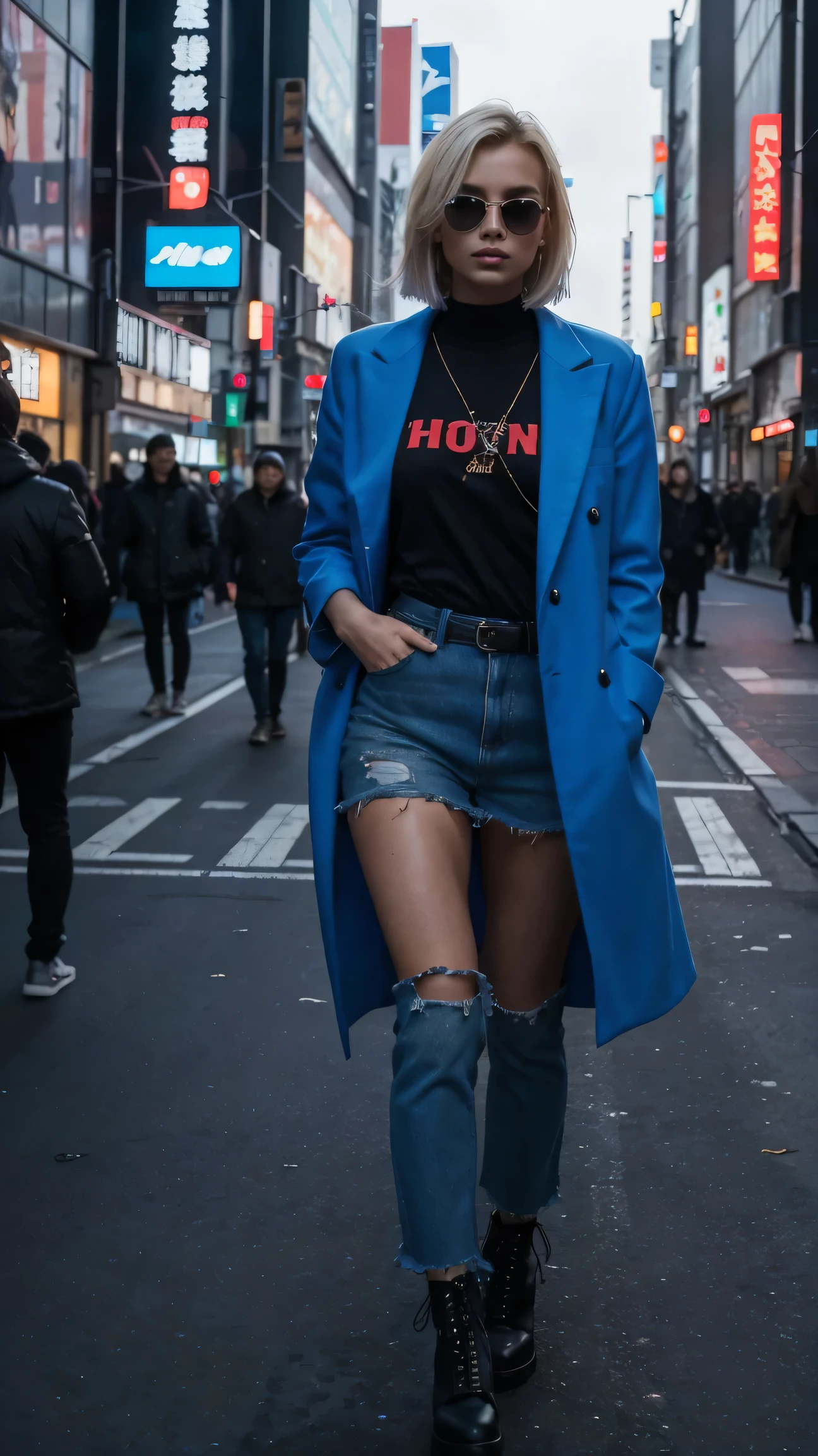 The Russian-Norwegian influencer, 23, walks through the vibrant streets of Tokyo at night, dressed in a bold oversized blazer, combat boots, and futuristic sunglasses. Her blonde hair is styled in a sleek bob, and her emerald-blue eyes reflect the neon lights of bustling Shibuya. The energy of the city pulses around her. UHD, high detail, urban fashion photography style.
Perfect anatomy, perfect hands, perfect hair, perfect body, UHD, high-quality, high-res, award-winning. Perfect anatomy, Perfect eyes, perfect hands, perfect body, perfect hair, perfect breast, accurate, UHD, retina, masterpiece, anatomically correct, textured skin, super detail, high details, high quality, award winning, best quality, highres, 16k, 8k