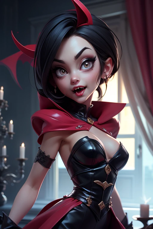 a cute woman is a succubus, leathery black wings, deep red lipstick, vampire fangs, deep dark eyes, razor fingernails painted red, seductive evil pose, bedroom, best quality, 4k, 8k, highres, masterpiece:1.2, ultra-detailed, realistic, photorealistic, photo-realistic:1.37, HDR, UHD, studio lighting, ultra-fine painting, sharp focus, physically-based rendering, extreme detail description, professional, vivid colors, bokeh, dark fantasy, chiaroscuro lighting, dramatic lighting