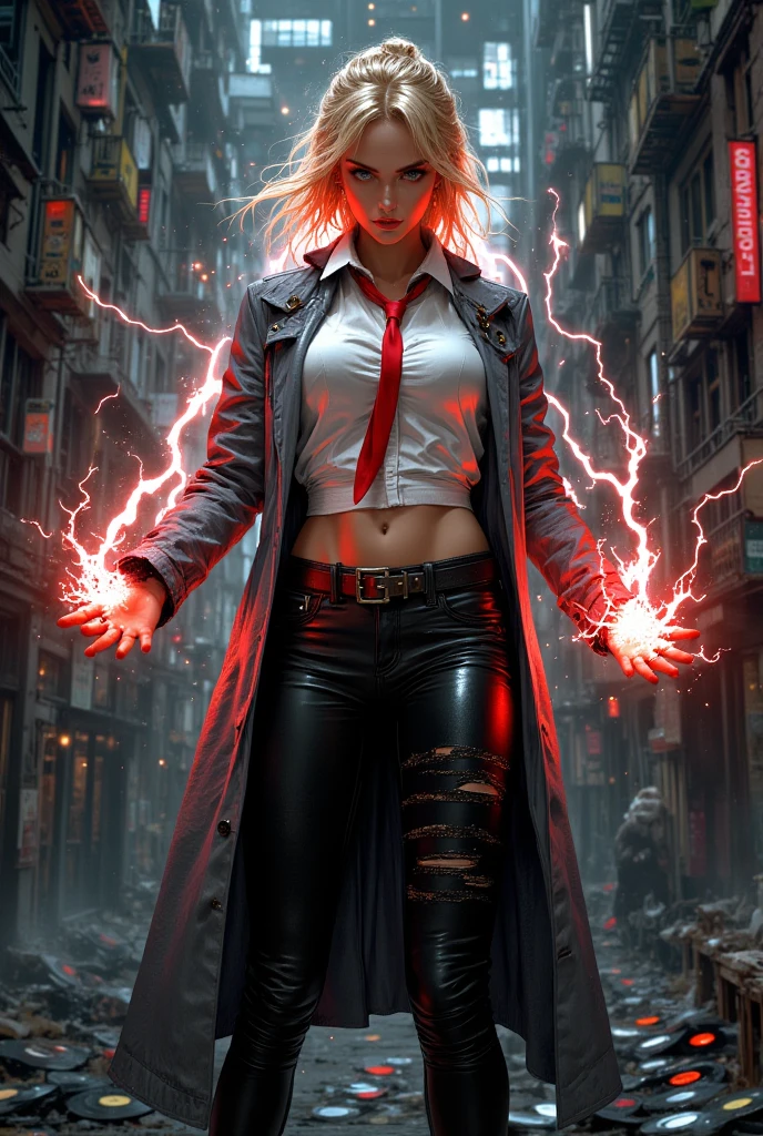 1 woman in her early 20s,(Blonde long hair)(straight hair)(red suit)(red eyes)(Red Bolt Touch),(tall)