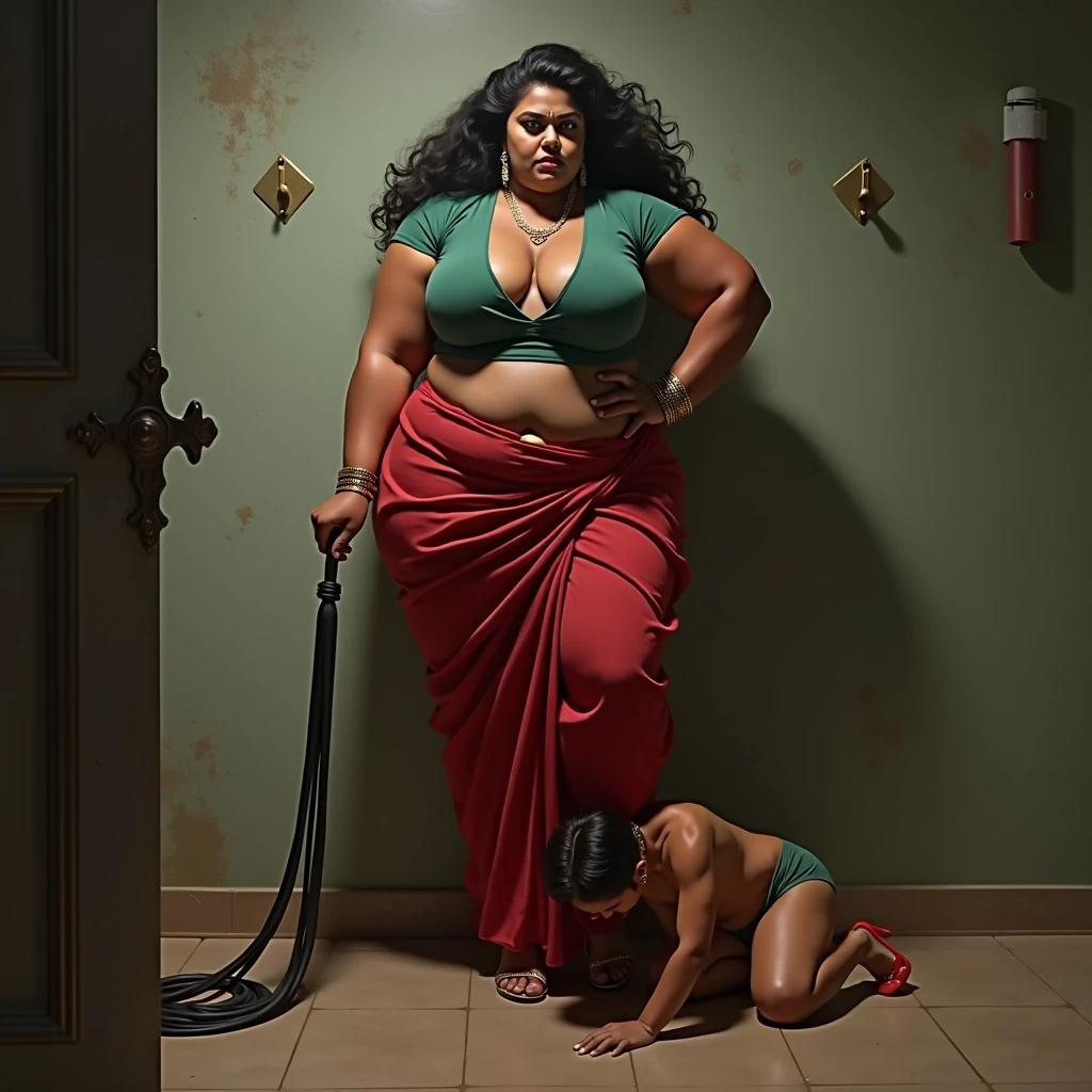 Indian housewife in saree tied to chair with ropes and tightly gagged with ball gag by four goons, realistic art