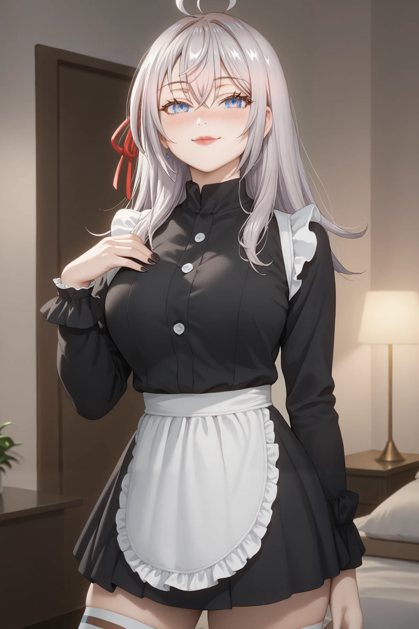 Girls, smile, red lips, fair skin, big tits, big breats, big ass, big butt, long hair, sexy body, thic body, beauty girls, maid costume, black and white maid costume colors, stocking, white stocking colors, nails, black nails colors, in bedroom background, sexy pose, ultra realistic graphic, gaze in the camera, gaze looking camera, looking camera, photorealistic, detailed coloring, anime style, detailed high quality, chromatic aberrations, ultra detailed quality skin, detailed ray tracing lighting,, masterpiece、 best quality、masterpiece, high definition , 8K quality, perfect face, alya_fanart, Alisa Mikhailovna Kujou , long hair, silver hair, ahoge, crossed bangs, red hair ribbon, sidelocks, blue eyes, large breasts, large butt、 slender 、 beautiful face、 Thin Waist、 (smile, nose blush), Glossy lips, red cheek, long sleeves, buttons, white thighhighs, Model Pose, cowboy shot, sensual expression, dynamic angle,