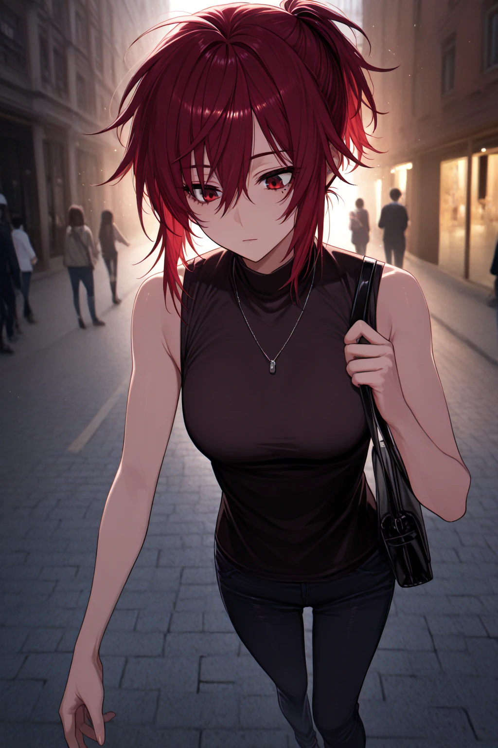 masterpiece, the best quality , good quality, city, depth of field , blurred background, photo background , , eyes red , short ponytail , red hair , black necklace, mole under eye, sleeveless t-shirt , solo focus, light particles , rays of light , shoulder bag , expressionless, looking at the spectator, full body, Scar on the eye,