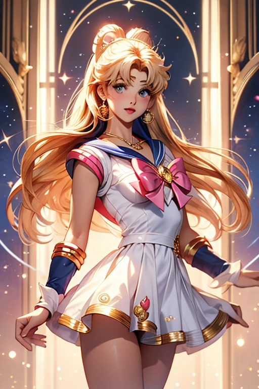 masterpiece, highest quality, High Resolution, Month 1, 1 girl, alone, Sailor Warrior Uniforms, ((Sailor Moon:1.3)), Usagi Tsukino, blonde, Magical girl, blue eyes, White panties, Red ribbon, Red scarf, Elbow hand pockets, tiara, Blue Skirt, Pleated skirt, mini skirt, choker, White gloves, jewelry, Earrings, smile, The background is space (Amazing details, Excellent lighting, Wide-angle), full moon, ((Showing panties:1.5)),