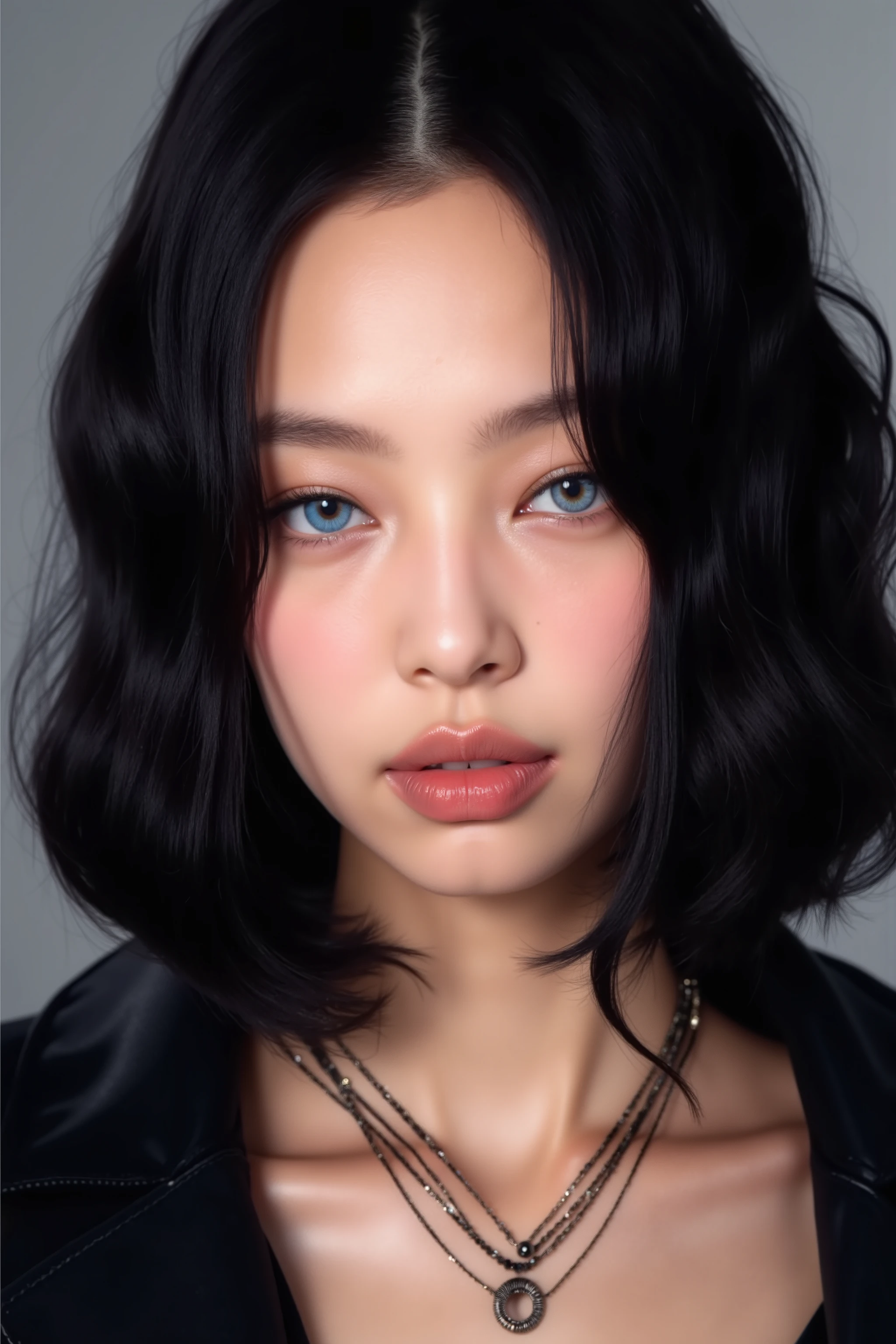Please create an image of a girl with short black hair on her shoulders, straight and one blue eye , a slightly more masculine face , jennie kim,