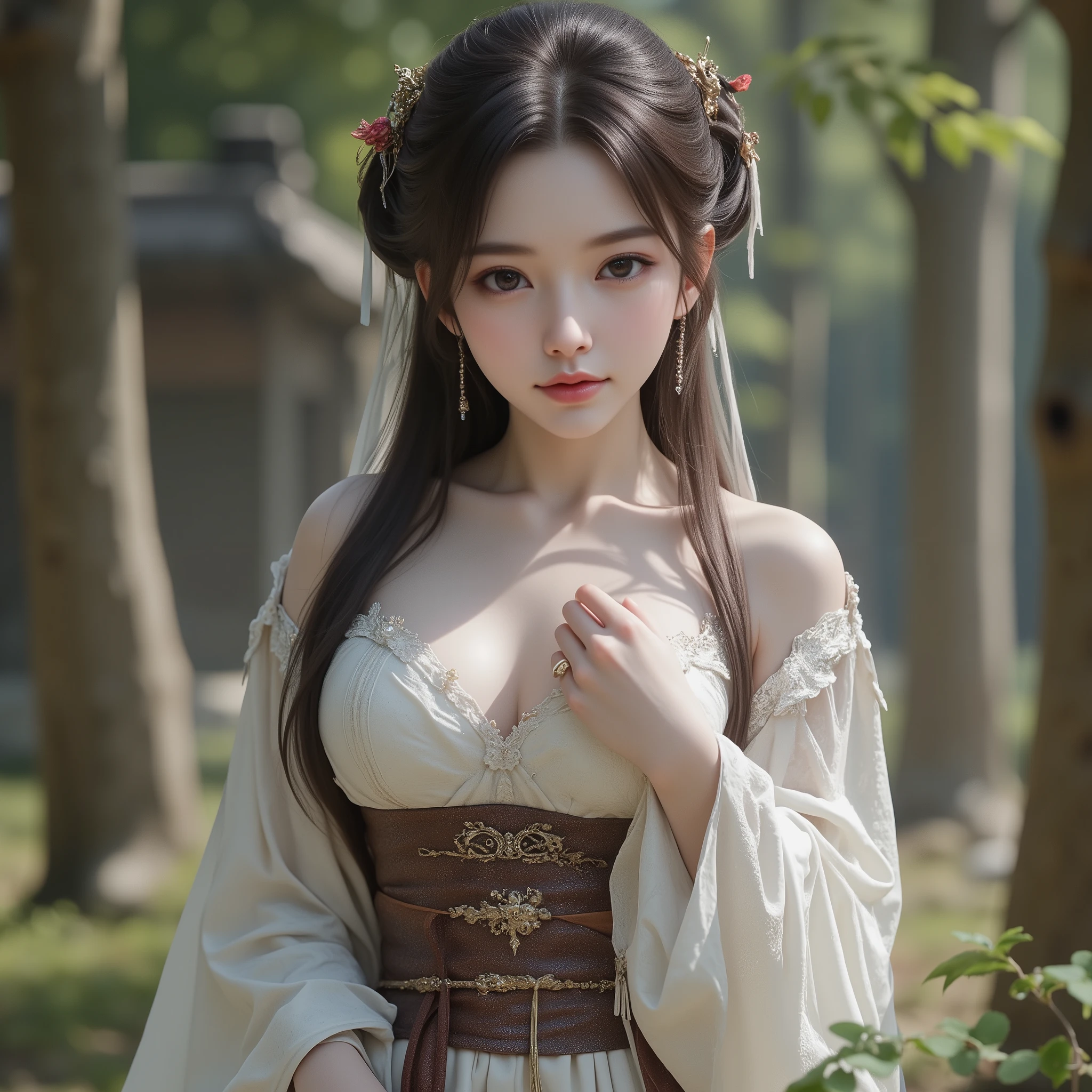 (NSFW)、(masterpiece、Highest quality:1.4)、 (8K resolution、Ultra-high resolution:1.2)、Detailed depiction face、Eye for detailed depiction、Detailed skin、Detailed hair、Glowing Skin、One girl,Detail and beauty that cannot be captured in reality:1.3、 Elegant and perfect figure、18-year-old、Beautiful Bangs、Highly detailed hair、Bright photography lighting,White wall background,Background Blur,Photo from the front of the woman、Facing forward、upright,Put your hands down,(whole body:1.5),,,,, (break Medieval Fantasy Dress:1.2)