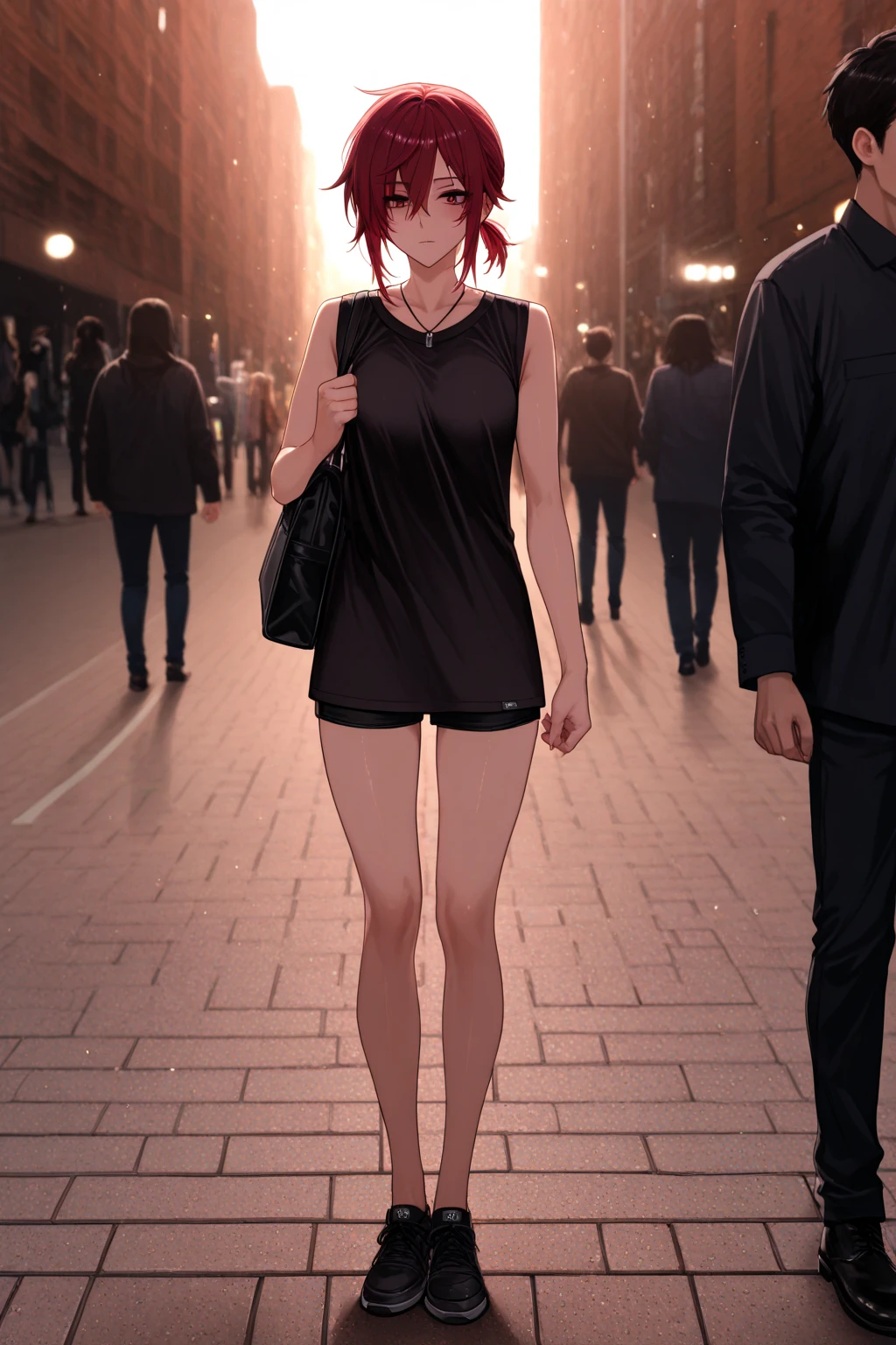 masterpiece, the best quality , good quality, city, depth of field , blurred background, photo background , , eyes red , short ponytail , red hair , black necklace, mole under eye, sleeveless t-shirt , solo focus, light particles , rays of light , shoulder bag , expressionless, looking at the spectator, full body, Scar on the eye, Yandere