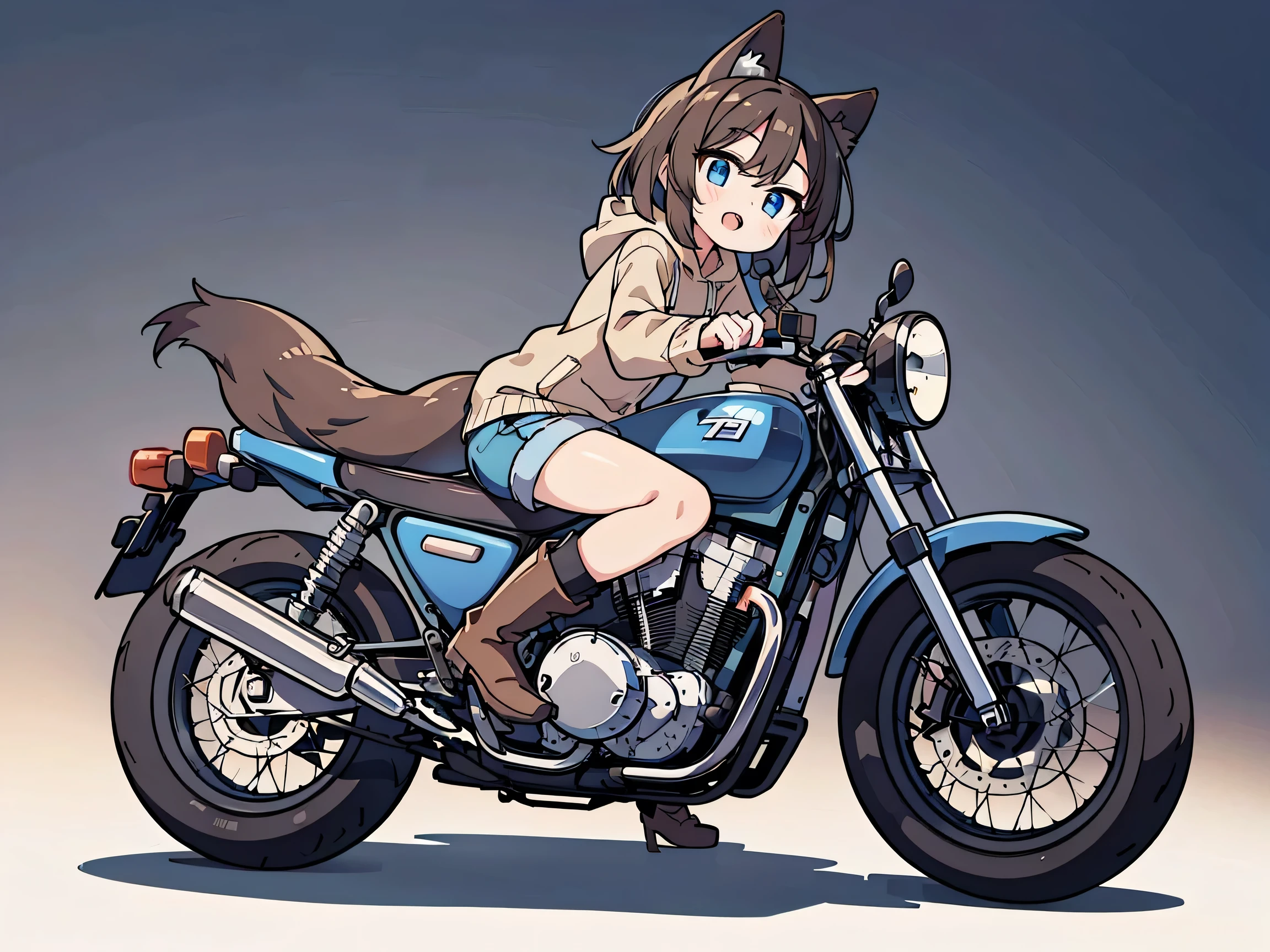anime style、 fox ears、 brown hair、 woman、 blue eyes 、 beige hoodie、 shorts、 boots、I'm riding a blue motorcycle、It crosses Z900RS 、 double teeth