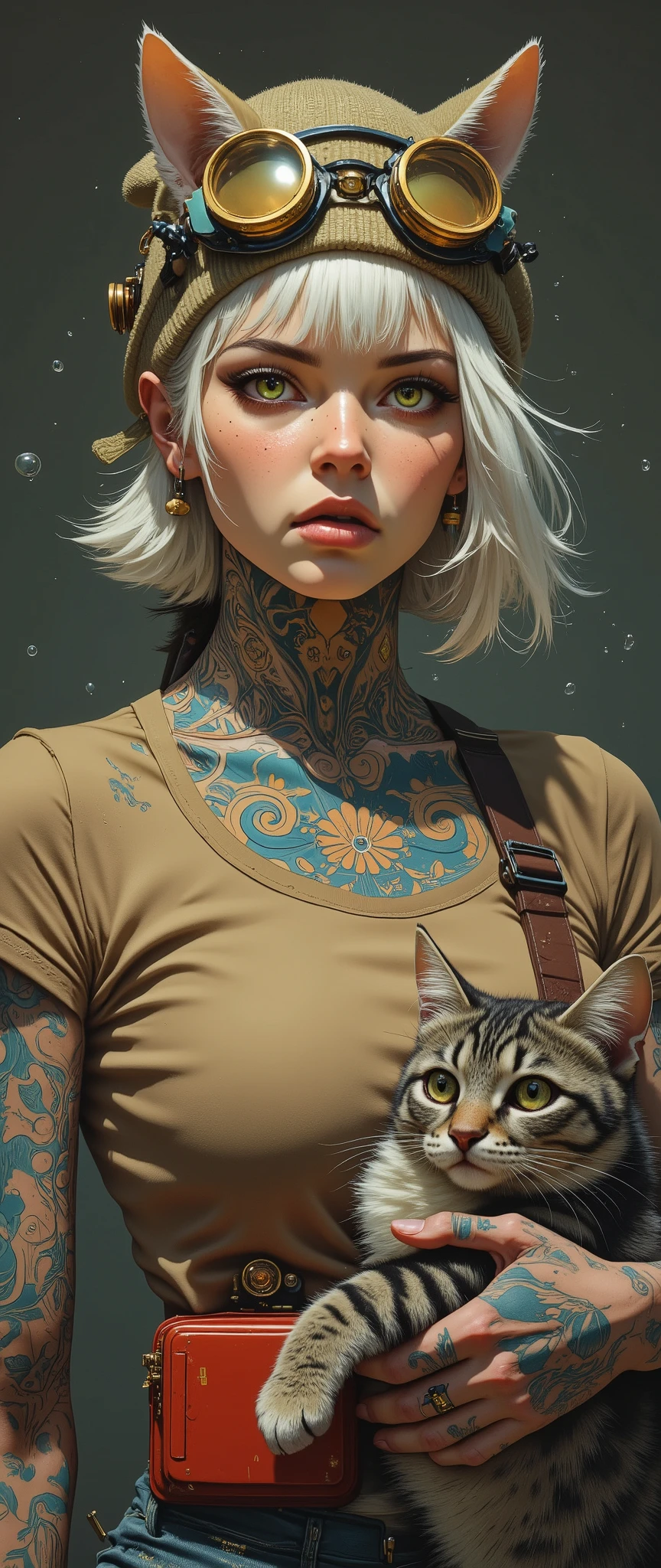 A very young girl-punk with ash-white hair, aged 20 years, of European appearance, with expressive features and noticeable freckles. Incredibly beautiful almond-shaped eyes of light green color with fluffy eyelashes are arrogantly narrowed. The lips are plump and sensual, painted with beige nude lipstick with gloss. The chin is slightly raised. She looks down at the viewer haughtily. The girl is wearing a light brown or beige tight-fitting T-shirt with lots of tattoos on her neck, chest and shoulders, mostly in blue and orange colors. On the girl's head is a stylized olive-colored beanie hat with cat ears. Large steampunk glasses are worn on top of the hat. She also has a red pouch or sling on her chest. In her arms she holds a gray-red striped cute cat. The cat looks straight ahead with green eyes. The overall impression is photorealistic digital art, fashionable, daring, with detailed images of tattoos and accessories.Weightless tiny round and transparent drops of water float in the air. The main composition of the art is complemented by relaxed lines and strokes. The color palette is dominated by warm browns, beiges, grays, and reds. The background is a dark gray-beige, slightly darker than the main character. The light falls from the front and right, highlighting the details and texture of skin, hair, and tattoos, creating a distinct three-dimensional space. The girl is in the center of the frame, and the cat is in the center of the left part of the frame. The composition focuses on the girl's face and her interaction with the cat.